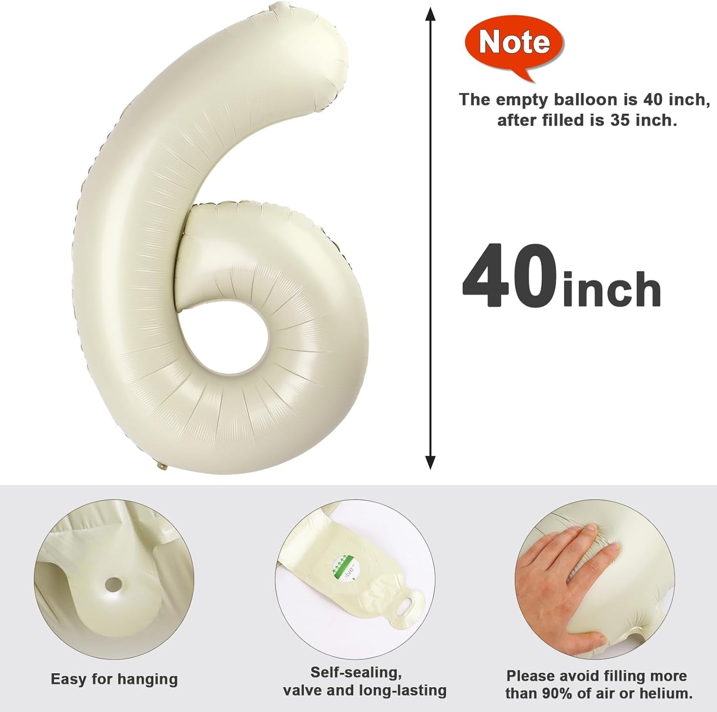 Number 6 Balloon 40 Inch - Cream White Birthday Decorations for Boys & Girls | Perfect for 6th Birthday Celebrations