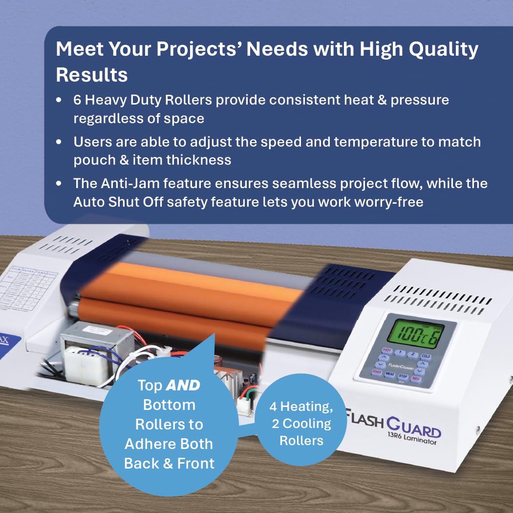 Formax FlashGuard 13R6 Laminator; 1500W; 110-120V, 50/60Hz; 15A; Heavy-Duty 6 Roller System; All-Metal Construction; Graphics-Based LCD Screen; Variable Temperature and Speed