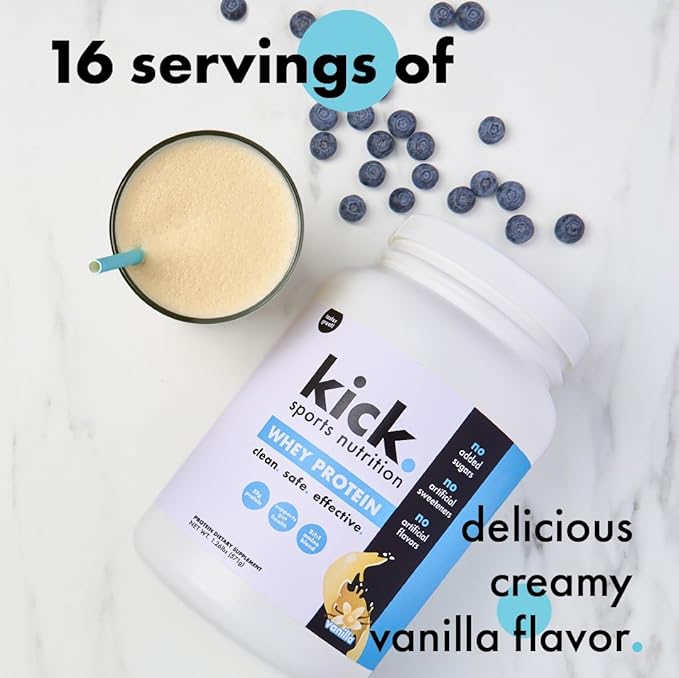 Kick Whey Protein Powder, Vanilla Flavor, 25 G Protein, Gluten Free Workout Supplement With Amino Acids to Support Fitness Goals & Digestive Wellness, No Added Sugar, No Artificial Flavor, 16 Servings