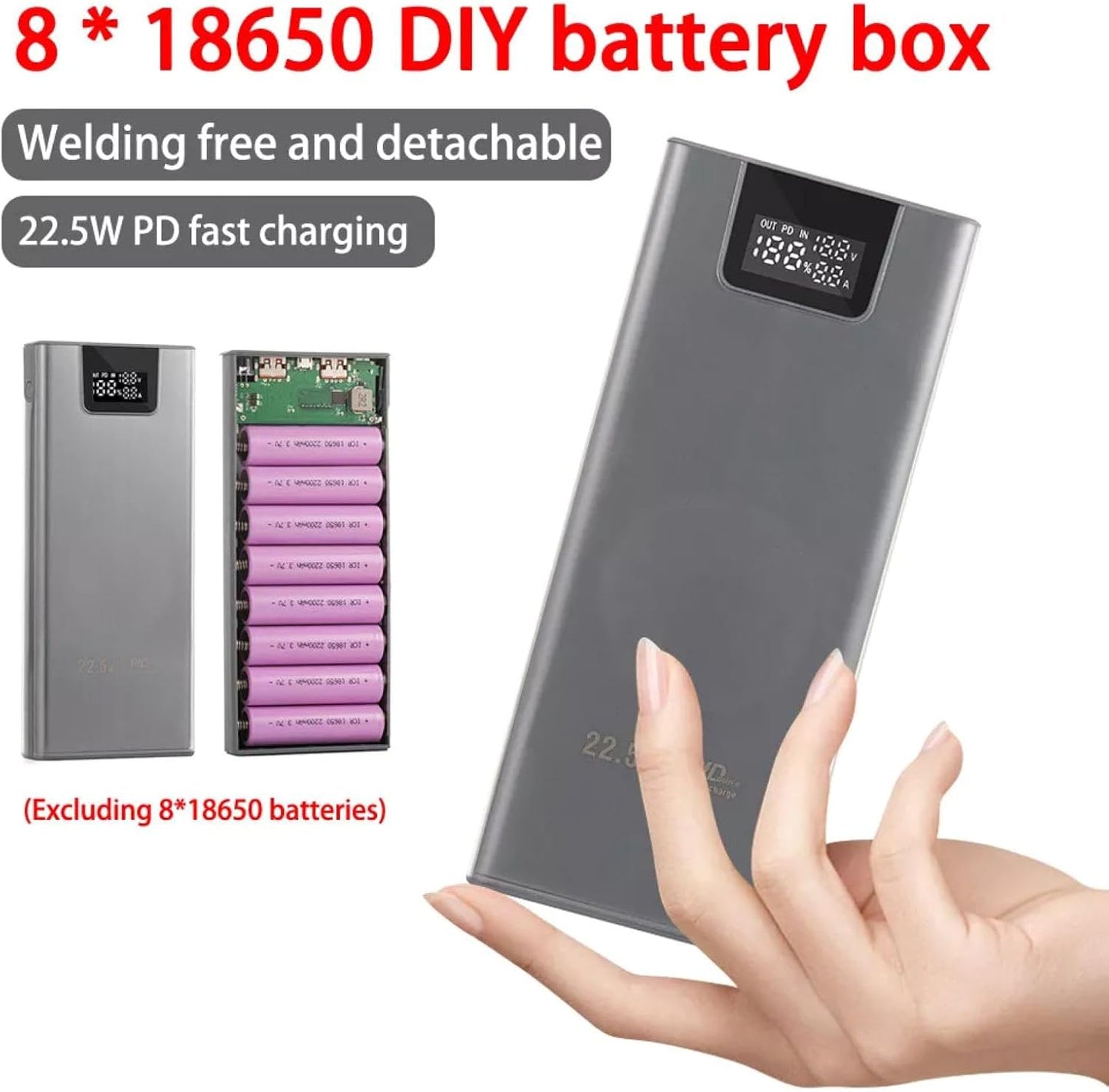 MOUDOAUER 8X 18650 Charging Bank Solder Free Kit, Plastic Power Bank Box DIY Charging Case Power Display Free Welding