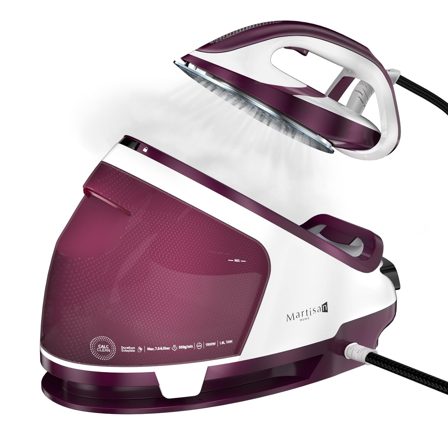 Martisan Steam Generator Iron for Clothes, LED Steam Station, 1800W Power, 8 Bar Max Pressure, 1.9L Water Tank, 550g/min Steam Burst, Auto Off, Ceramic Soleplate, Fast Wrinkle Removal, Purple