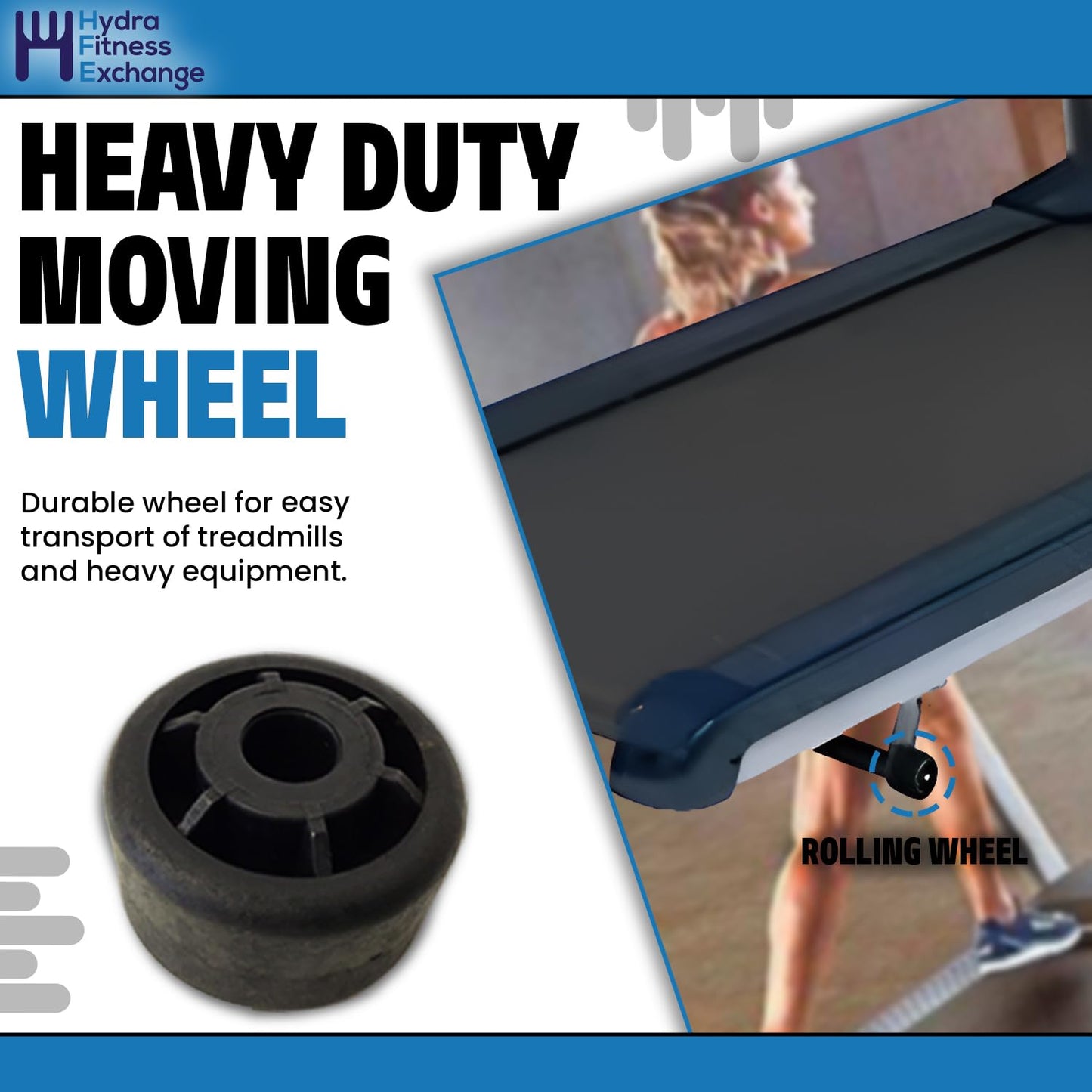 Hydra Fitness Exchange Treadmill Transport Wheel Black | Heavy Duty Caster Wheel for Moving Exercise Equipment | Works with Merit Triumph and Tempo 400T 710T 715T 30750 Treadmills | MPN 000006-AC