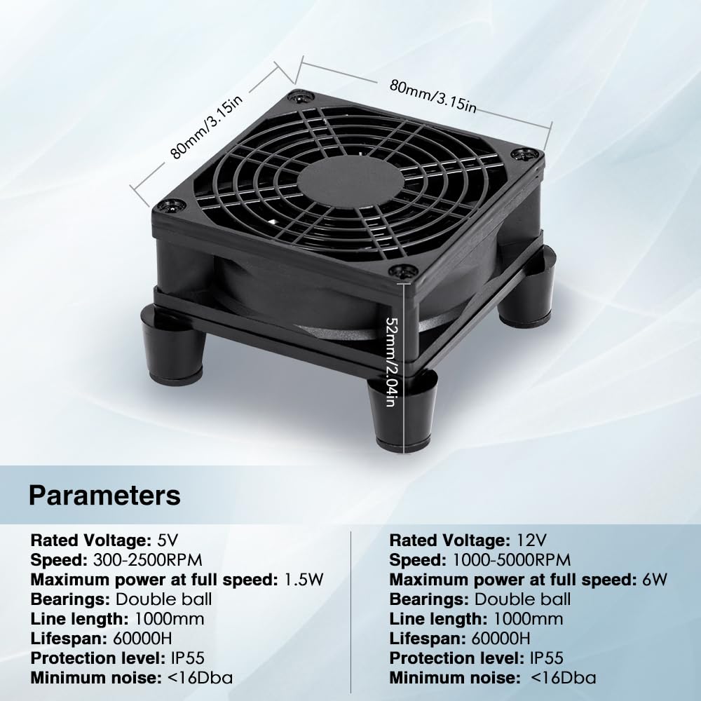 xiaoqijia 80mm 10-Speed IPX5 5V 12V Adjustable Cooling Case Fan for Receiver DVR Xbox TV Box Router USB/DC Power