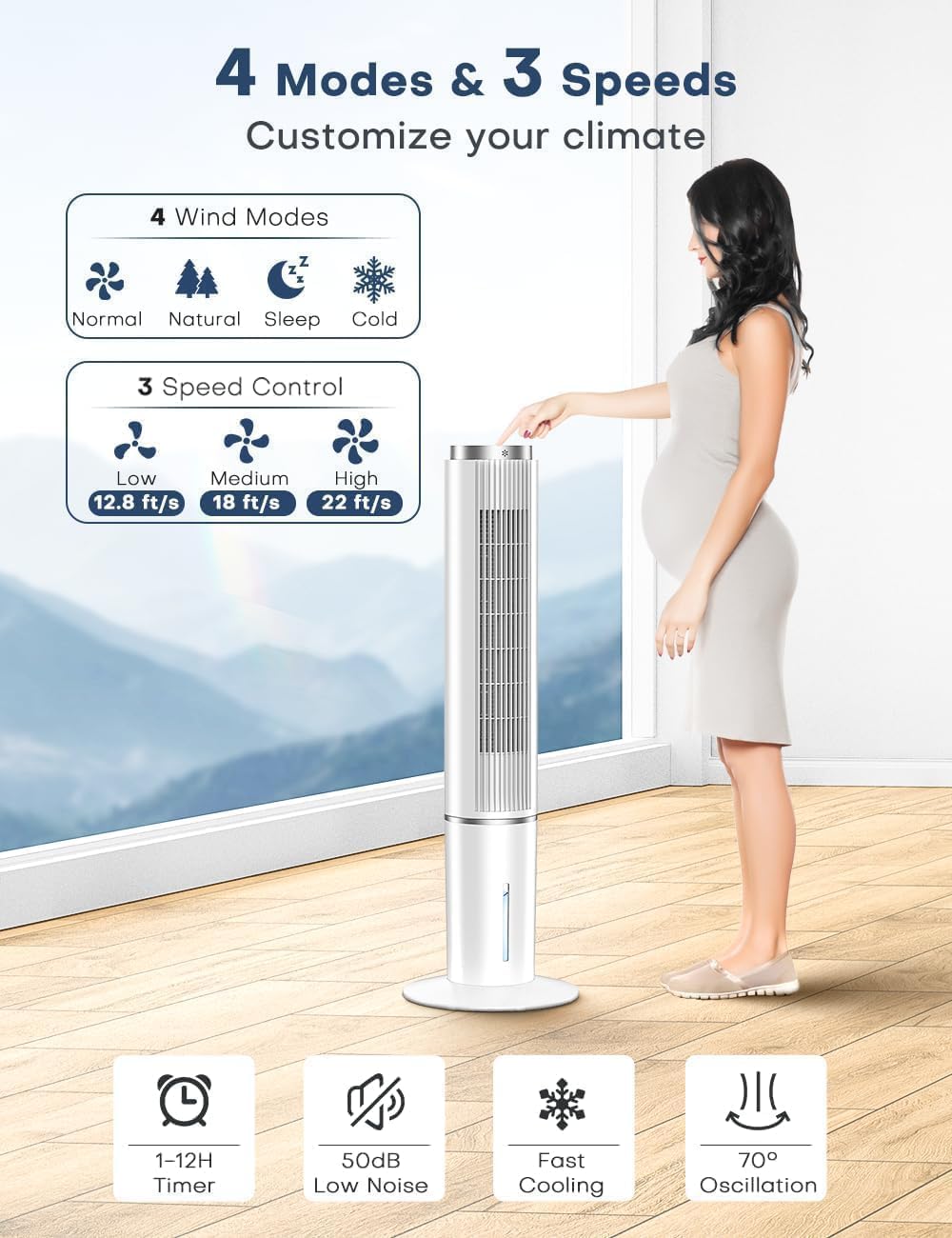 COOLECH 42 INCH Portable Air Conditioners w/Remote & LED Touch Screen, 4 Modes & 3 Speeds, 1-Gal Tank for 15H Cooling Evaporative Air Cooler, 12H Timer for Smart Auto-Off, 90° Oscillating Swamp Cooler