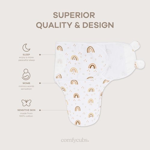 Comfy Cubs Swaddle Blanket Set - 100% Cotton Newborn Wraps for 0-3 Months | Breathable Rainbow Design