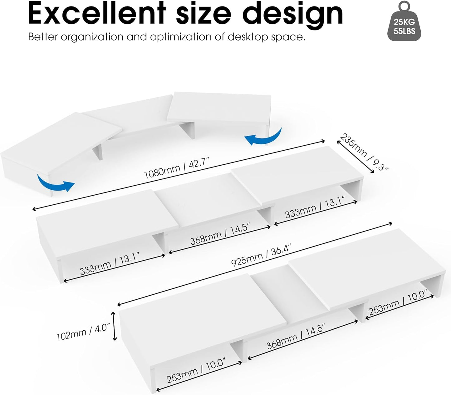 3 DT108008WW FITUEYES Dual Monitor Stand Shelf Computer Monitor Riser, Wood Desktop Stand with Adjustable Length
