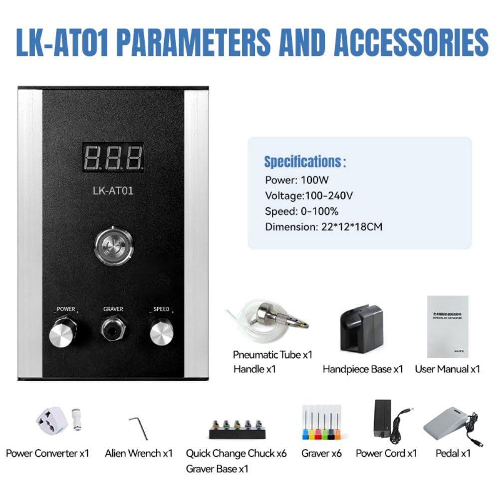 Lakimi Air-Free Pneumatic Engraving Machine - Pneumatic Impact Engraver for Jewelry with Built-in Air Compressor AT01 (Black)