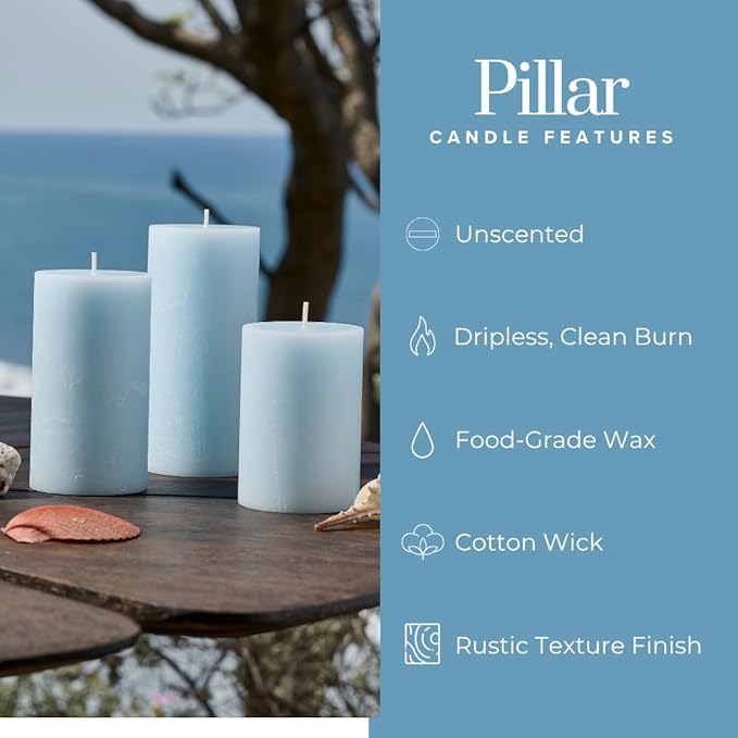 Simply Soson 3x6 inch Light Blue Pillar Candles Set of 3, Rustic Texture, Unscented Candles, Dripless Candles, 3 inch Pillar Candles Ideal as Wedding, Parties, Spas, Dinner, Home Decoration, Church