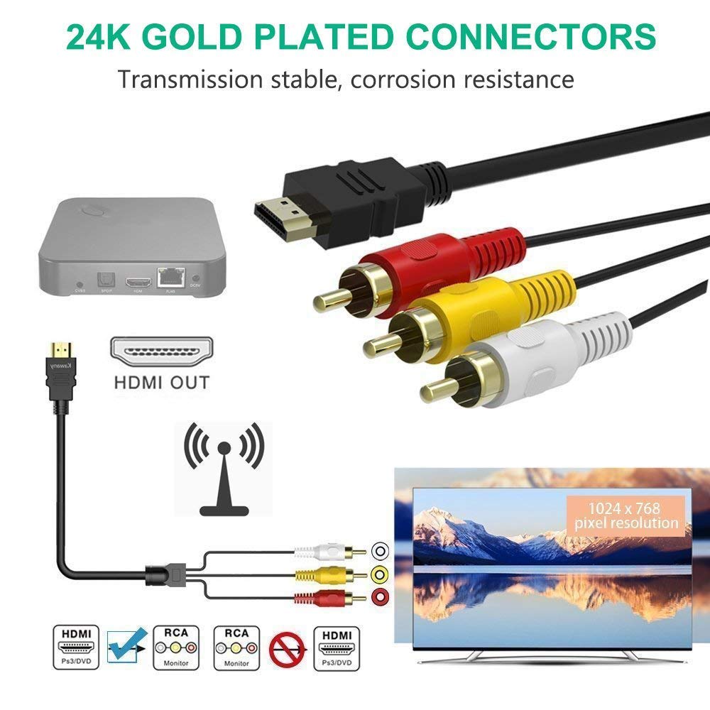 Eanetf 1080P 5ft/1.5m 3-RCA HDMI to RCA Cable, HDMI Male to Video Audio AV Cable Connector Adapter Transmitter for TV