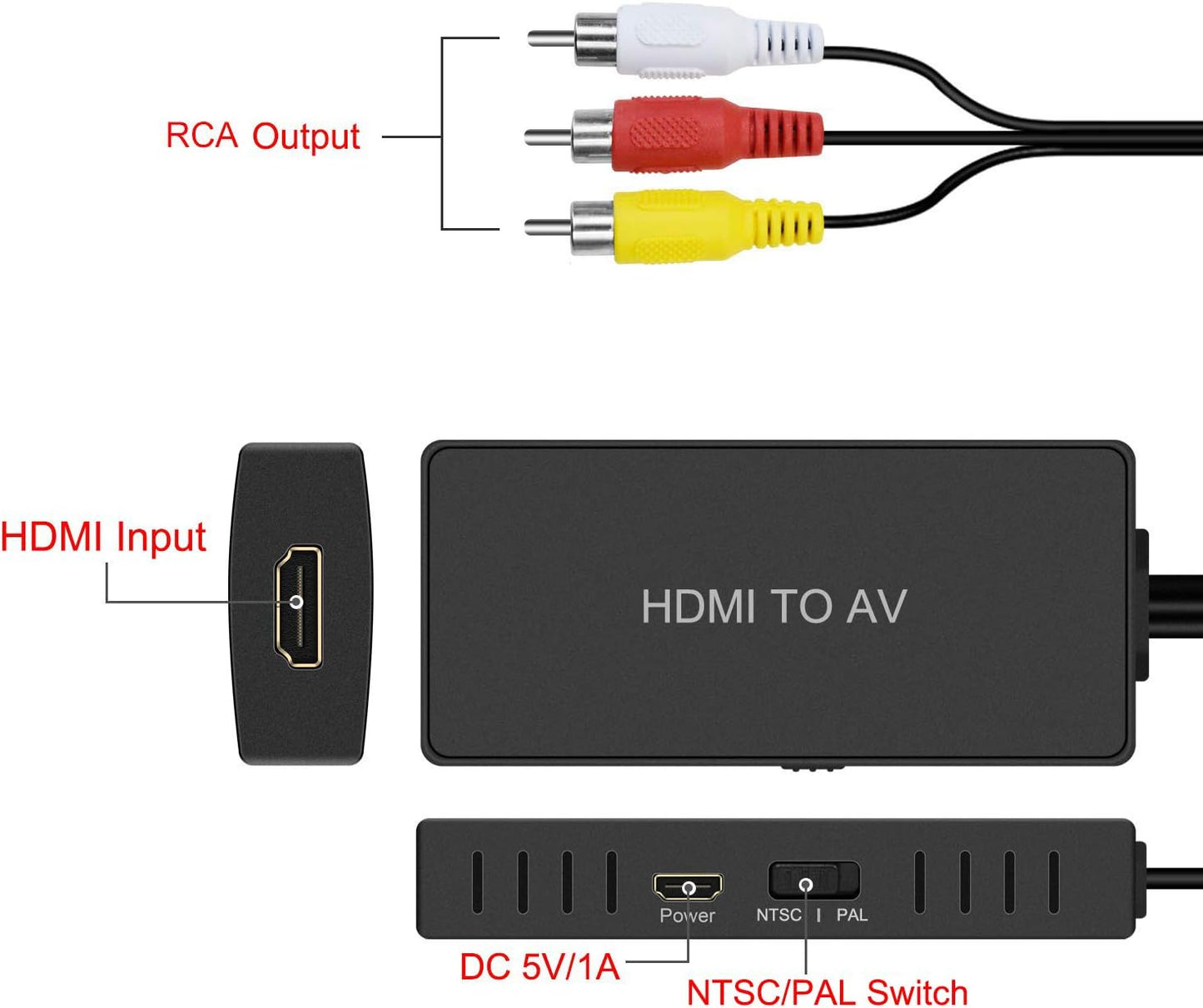 RuiPuo HDMI to AV Converter HDMI to Video Audio Adapter Supports PAL/NTSC Compatible for Roku Streaming Stick, Fire