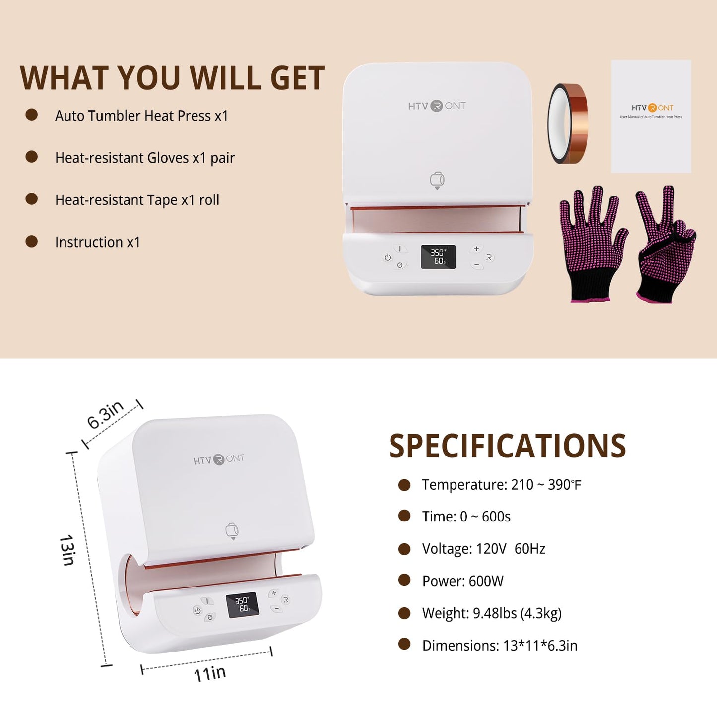 HTVRONT Auto Tumbler Heat Press Machine - Mug Heat Press Heat Up Fast & Even, Professional Tumbler Press High-Security for 2.9"-3.2" Sublimation Tumblers, Cups, Glasses and Mugs, White