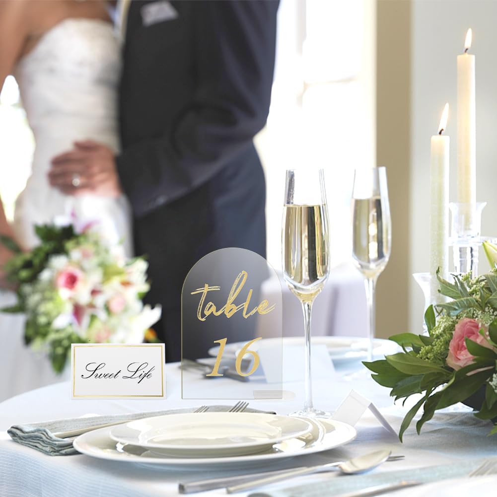 30 Sets Arch Wedding Table Numbers with Stands Gold Printed 1-30 Table Signs Clear Acrylic Table Number Display Stand for Wedding Reception Party Centerpieces Decor (4 x 6 Inch)