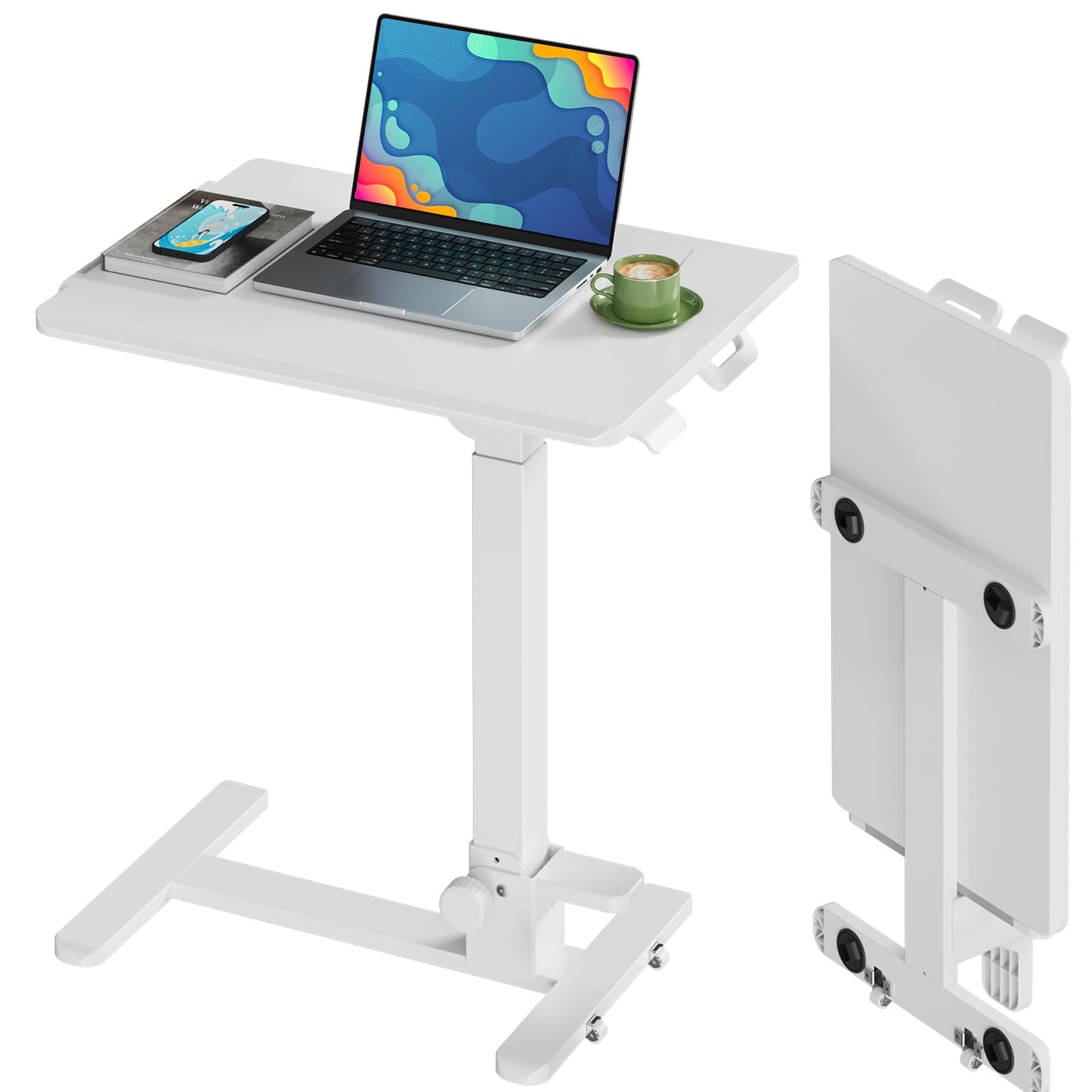 JYLH JOYSEEKER Foldable Mobile Standing Desk, 27 Inch Small Rolling Laptop Cart Height Adjustment, 90° Tiltable Bedside Table, No Assembly Needed Portable Computer Workstation, White