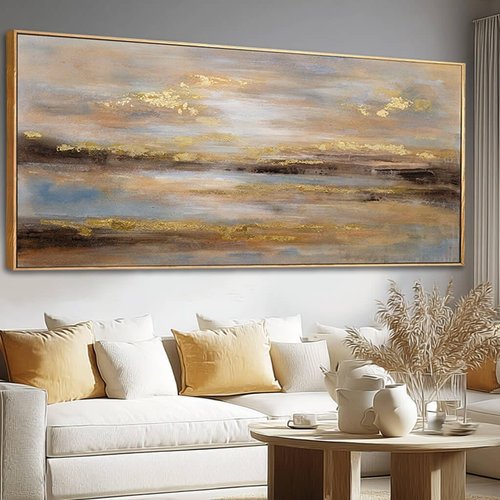 Gold Abstract Wall Decor - Modern Framed Canvas Artwork for Office & Living Room | 32x70 Inch