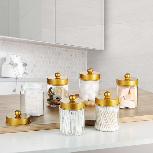 Amolliar Qtip Holder Dispenser - 8 oz Plastic Apothecary Jar for Vanity Makeup Storage - Gold Bathroom Canister Set