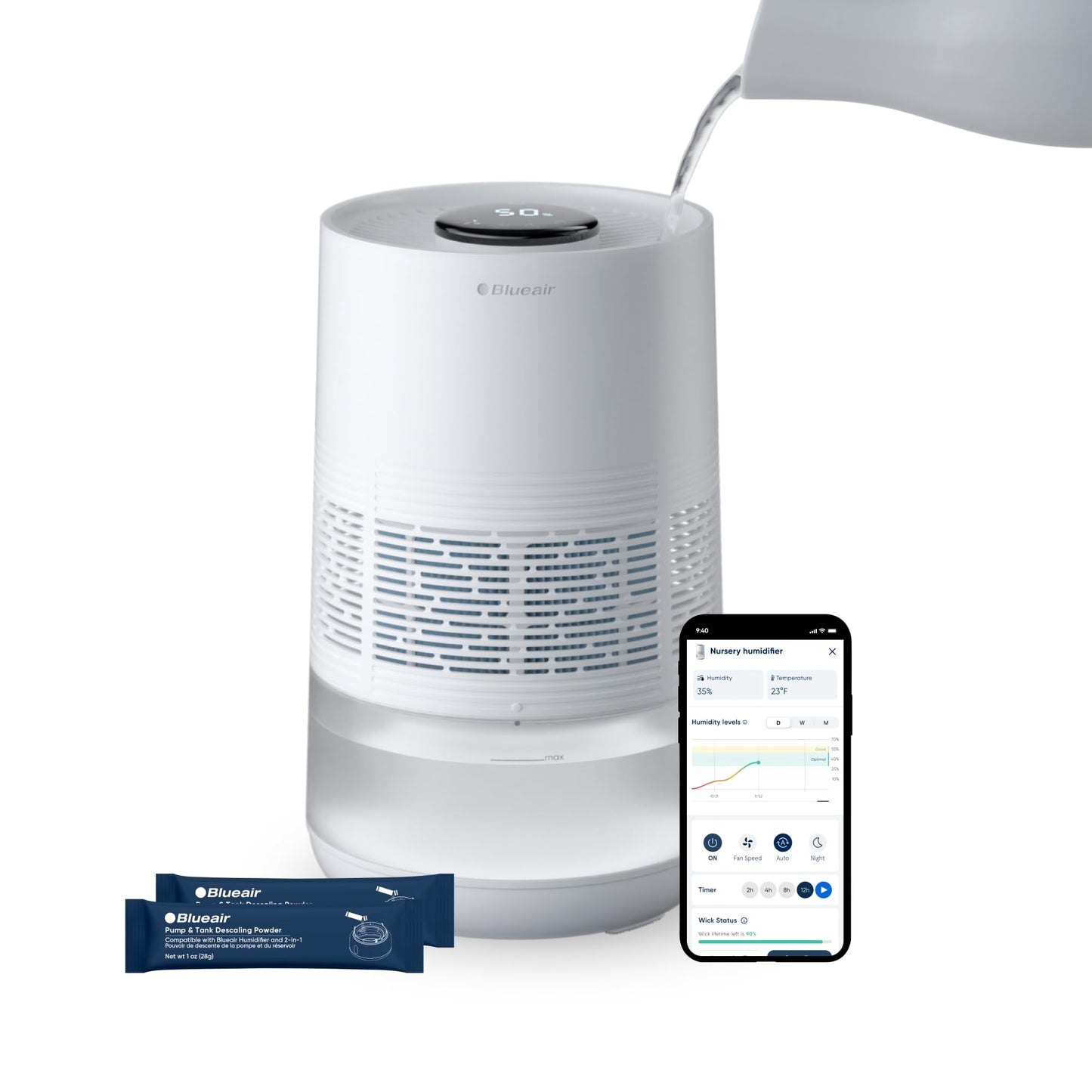 BLUEAIR Premium Smart Humidifier for Large Rooms, Bedrooms, Better Sleep with Evaporative Invisible Mist Tech, Auto Humidify, Easy Top Fill, Smart Control with App, Touchscreen, 3.5L Tank for 48 hours