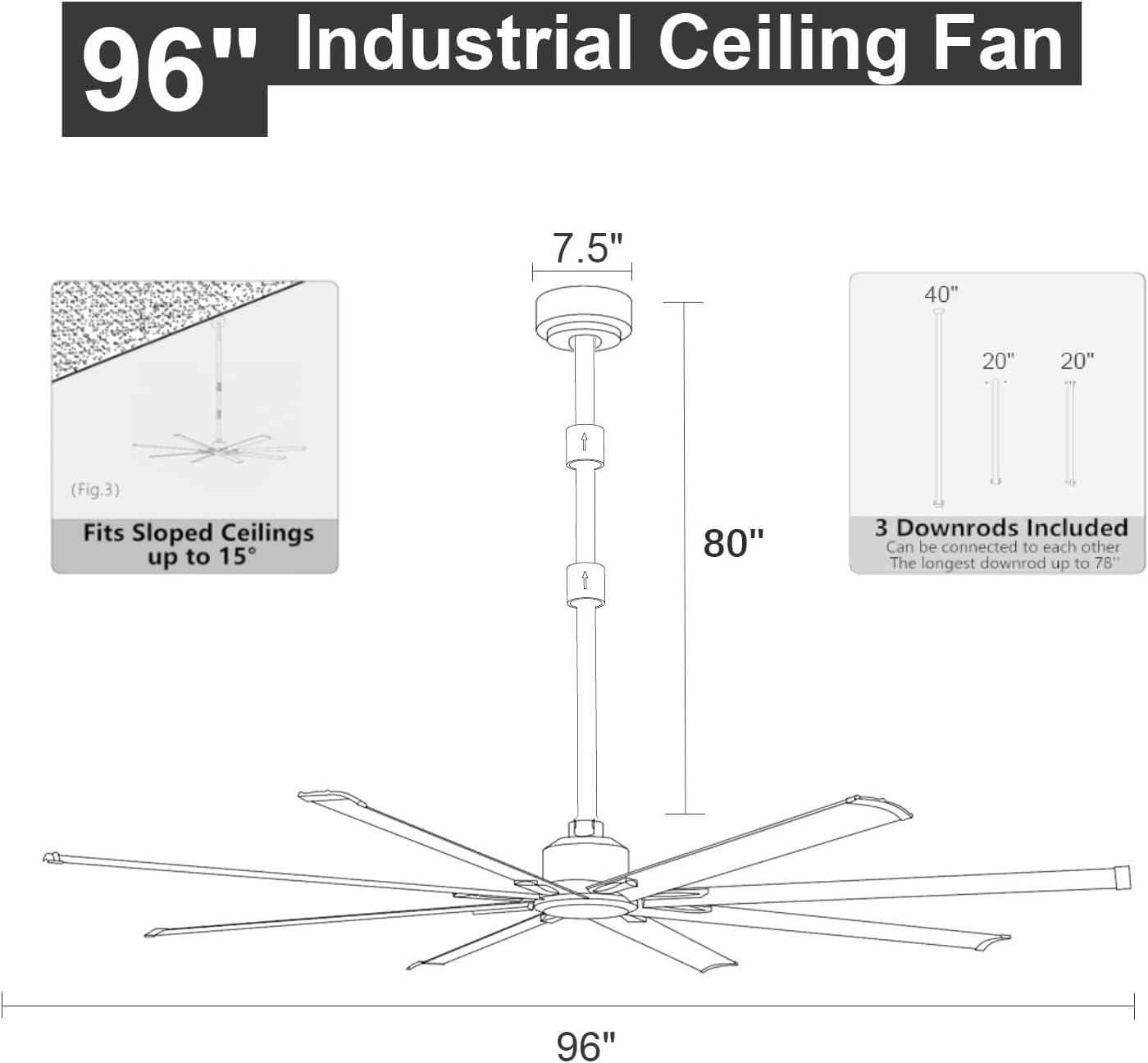 ZOEYON 96 Inch Industrial Ceiling Fan - Large Ceiling Fan with DC Motor, 3 Downrods, 6-Speed Remote Control, 8 Reversible Aluminum Blades, Black Commercial Ceiling Fans for Shop/Gym/Warehouse/Garage