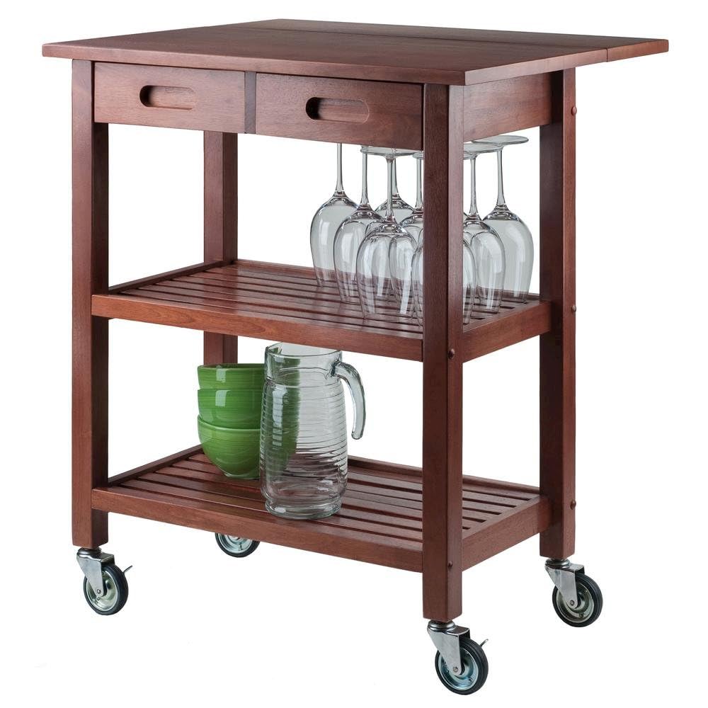 Furnifact Kitchen Cart, Drop Leaf Extension, Slatted Shelf, 2 Locking Casters, Solid Composite Wood, Brown