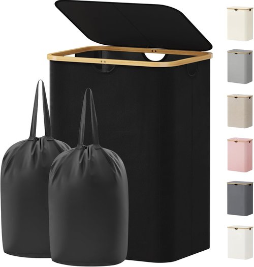 Lifewit 150L Laundry Basket - Foldable Hamper with Lid & Bamboo Handles | Black with 2 Removable Bags
