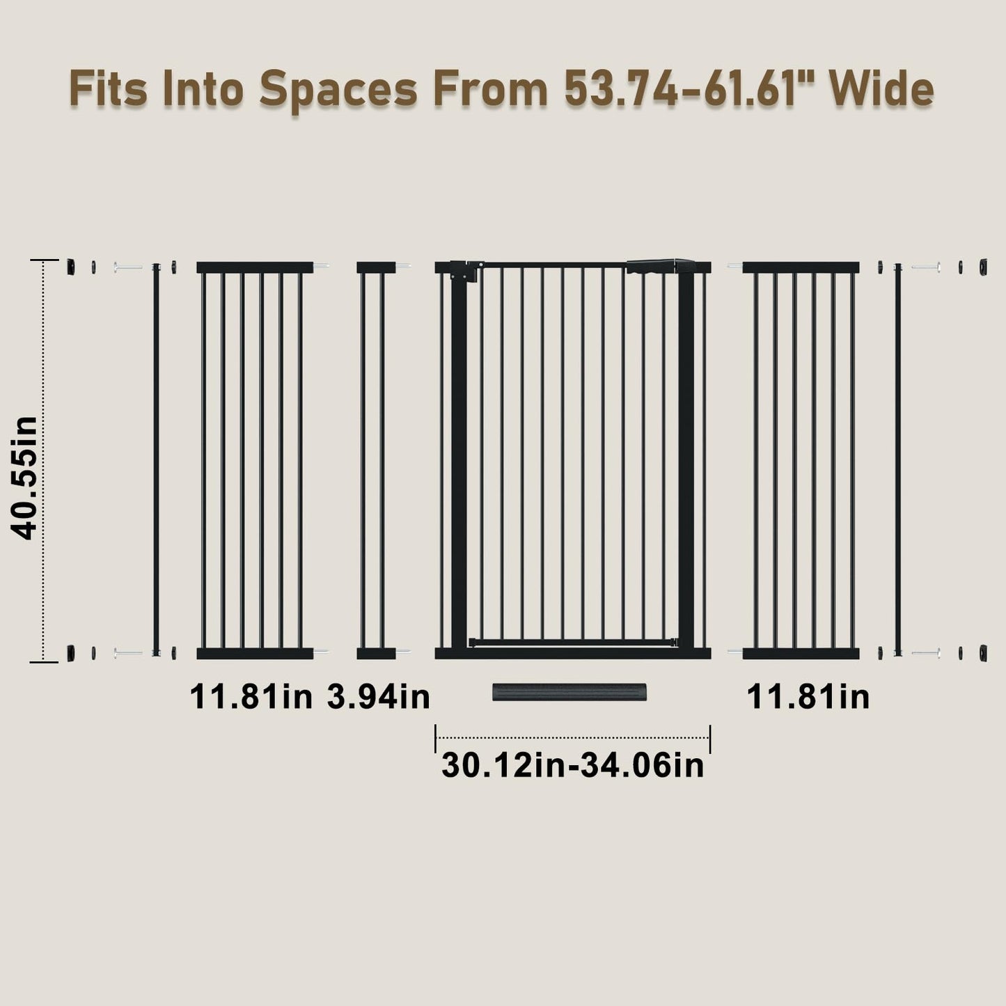 WAOWAO 40.55" Extra Tall 1.37" Ultra Narrow Spacing 53.74-61.61" Extra Wide Dogs Pets Baby Gate Safety Indoor Puppy Pressure Mounted Gate No Drill Black Metal for Stairs,Doorways,Kitchen,Hallway