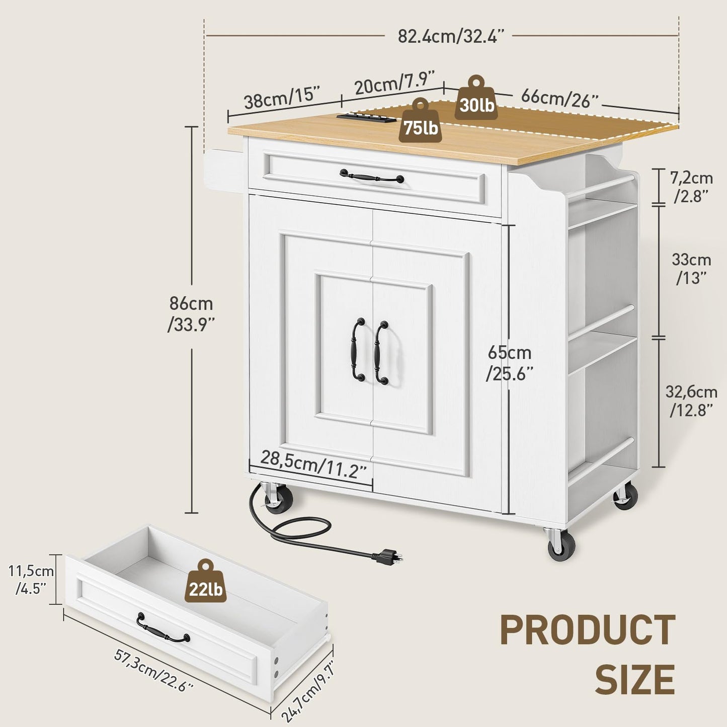 RALGEND Kitchen Island with Power Outlets & Drop Leaf, Rolling Kitchen Cart on Wheels, Kitchen Storage Island with Spice Rack and Drawer, Mobile Island Table for Kitchen, Dinning, White and Natural
