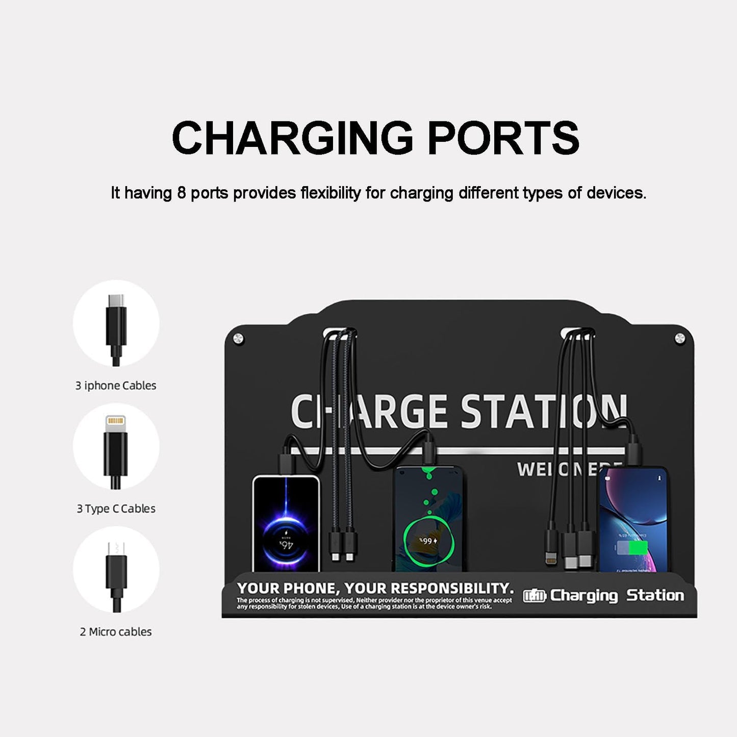 Wall Mounted Cell Phone Charging Station Mobile Phone Charging Station | Fast Charging 8 Device | Compatible with iphone ipad Smartphone Tablets Port | Great for Offices Hotel Hospital Airport (Black)