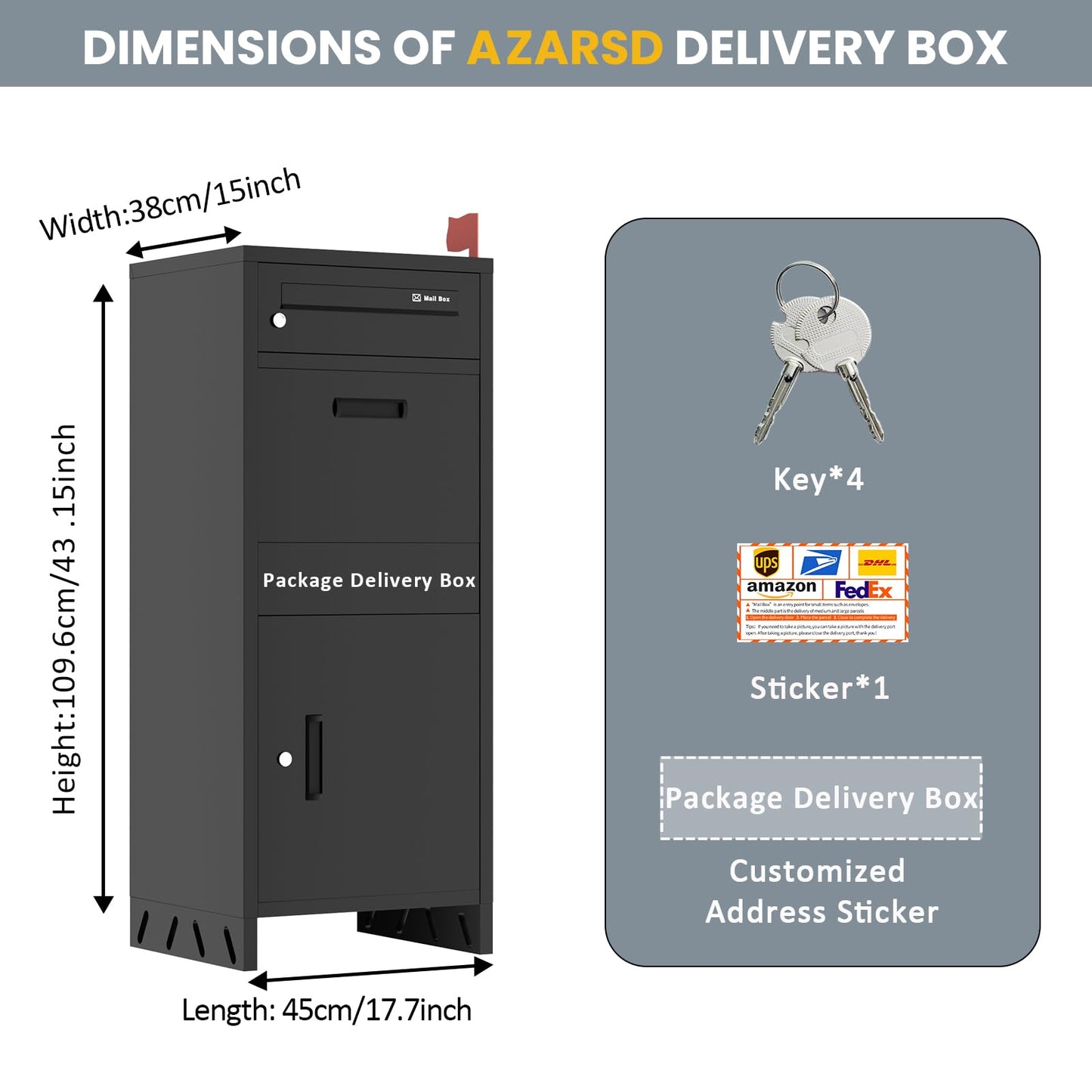 Package Delivery Boxes for Outside, Lockable & Waterproof Parcel Drop Box for Porch, Anti-Theft Mailbox with Custom Address Stickers,Assembly(14.5 * 17.5 * 43 in)