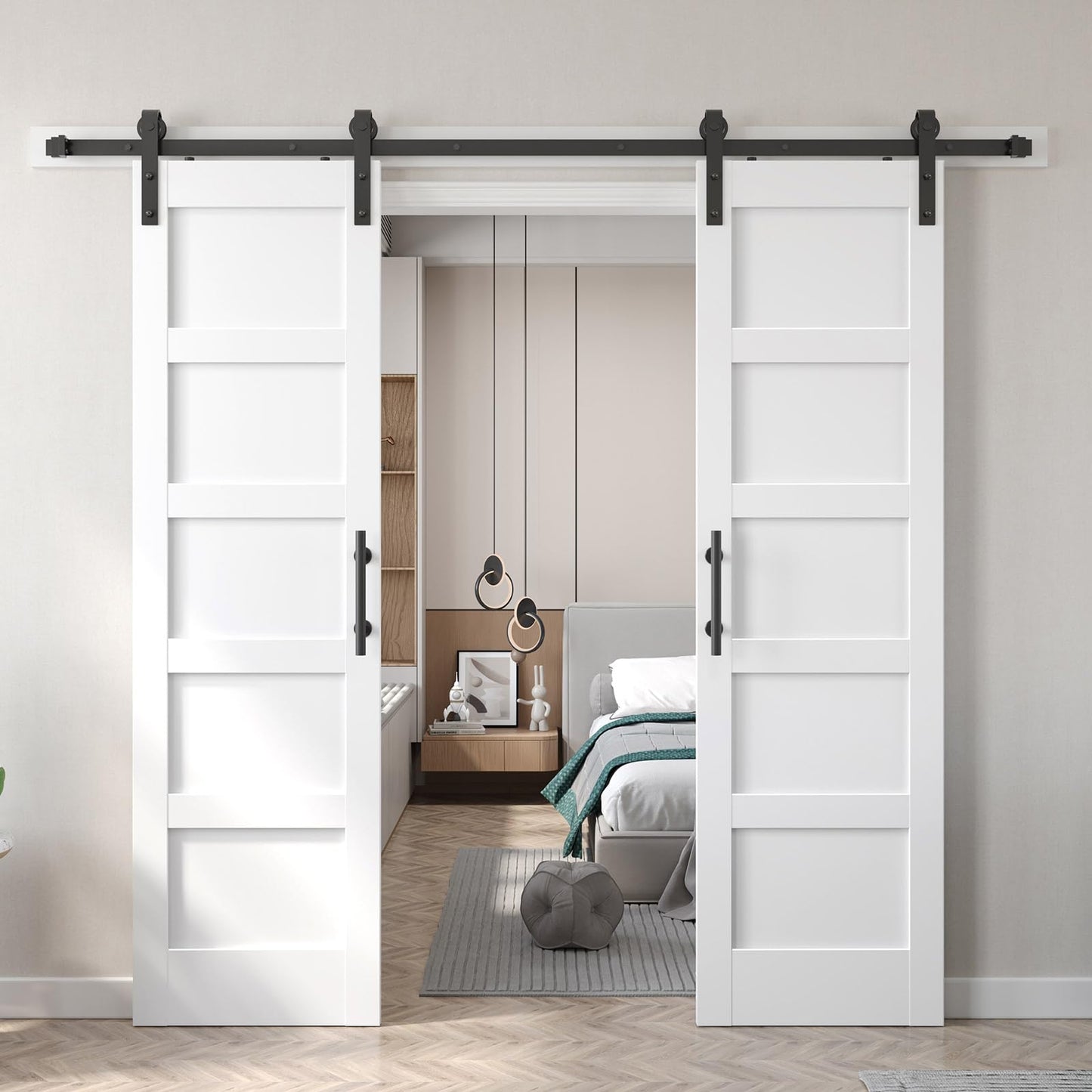 Fredbeck Double 24x84 inch White Barn Door with 8FT Barn Door Hardware Kit Included,with MDF and Wood,DIY Assembly,5-Panel,48inch barn Door,Fit 45in-47in Opening
