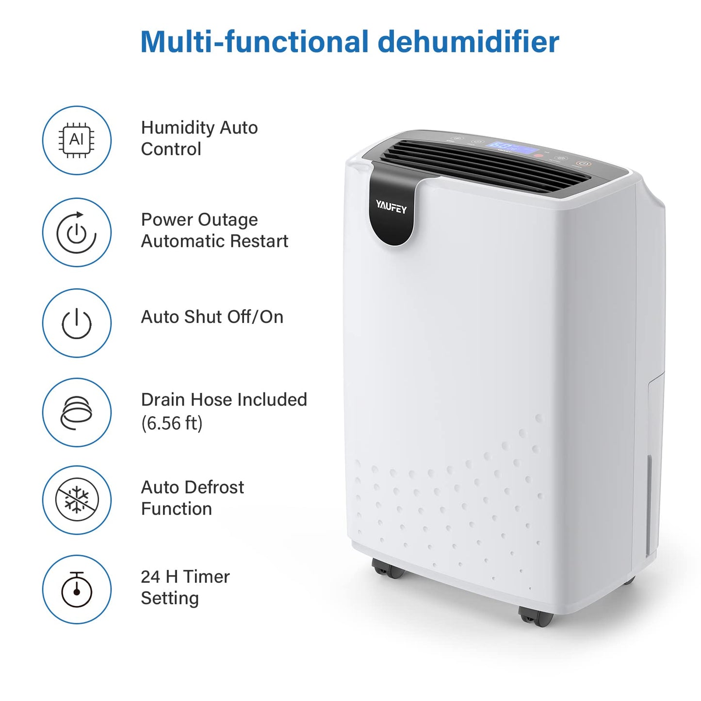 Yaufey 2500 Sq. Ft. Dehumidifier for Home and Basements with Auto or Manual Drainage, 0.48 Gallon Water Tank, Low Noise and 24H Timer