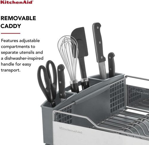 KitchenAid Dish Rack - Large Capacity, Rust Resistant with Angled Drain Board & Removable Caddy | Light Grey