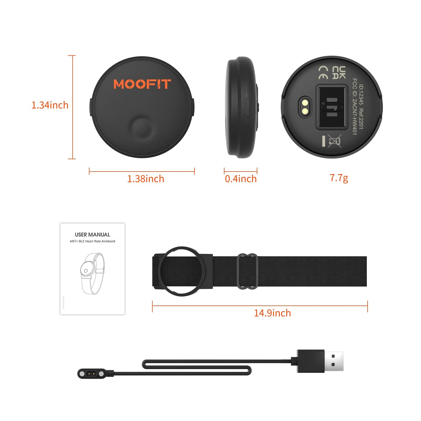 moofit Heart Rate Monitor Armband, IP67 Waterproof, Support Bluetooth/ANT+, Rechargeable Optical Heart Rate Sensor Bracelet Works with Wahoo, Strava, Elite HRV
