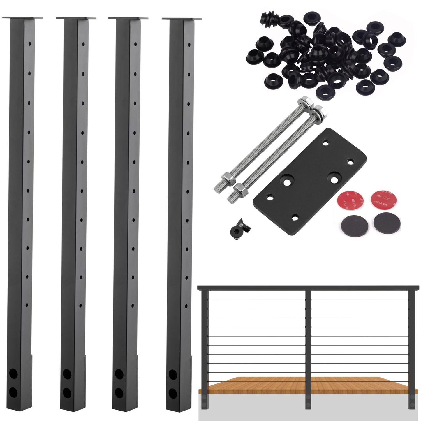 Senmit Cable Railing Post Fascia Mount-Stainless Steel Square Weldless 36"x2"x2" Pre-drilled Side Mount Metal Post for Wood Deck, Black 4 Pack