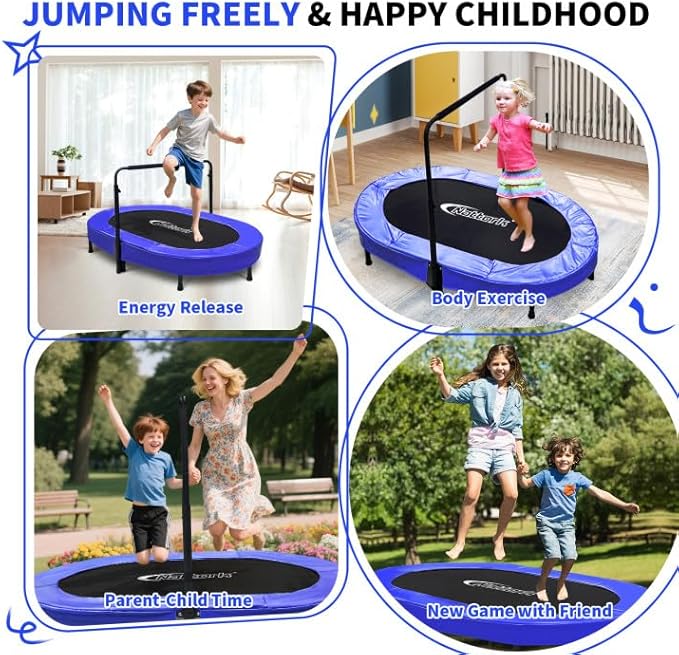 Nattork 56" Kids Trampoline Indoor, Double Trampoline with Adjustable Handle for Kids, Indoor/Outdoor Foldable Jumper, Max Load 220lbs
