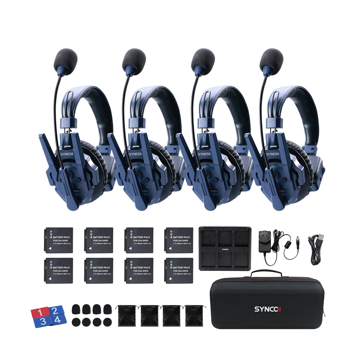 SYNCO Xtalk Master 4 Users Wireless Intercom Headset System Communication Headsets for 4 Persons, 500m Range 1640ft 2.4GHz ENC Noise Cancellation USB-C UAC Connectivity 15H Battery (XM4/4 PCS)