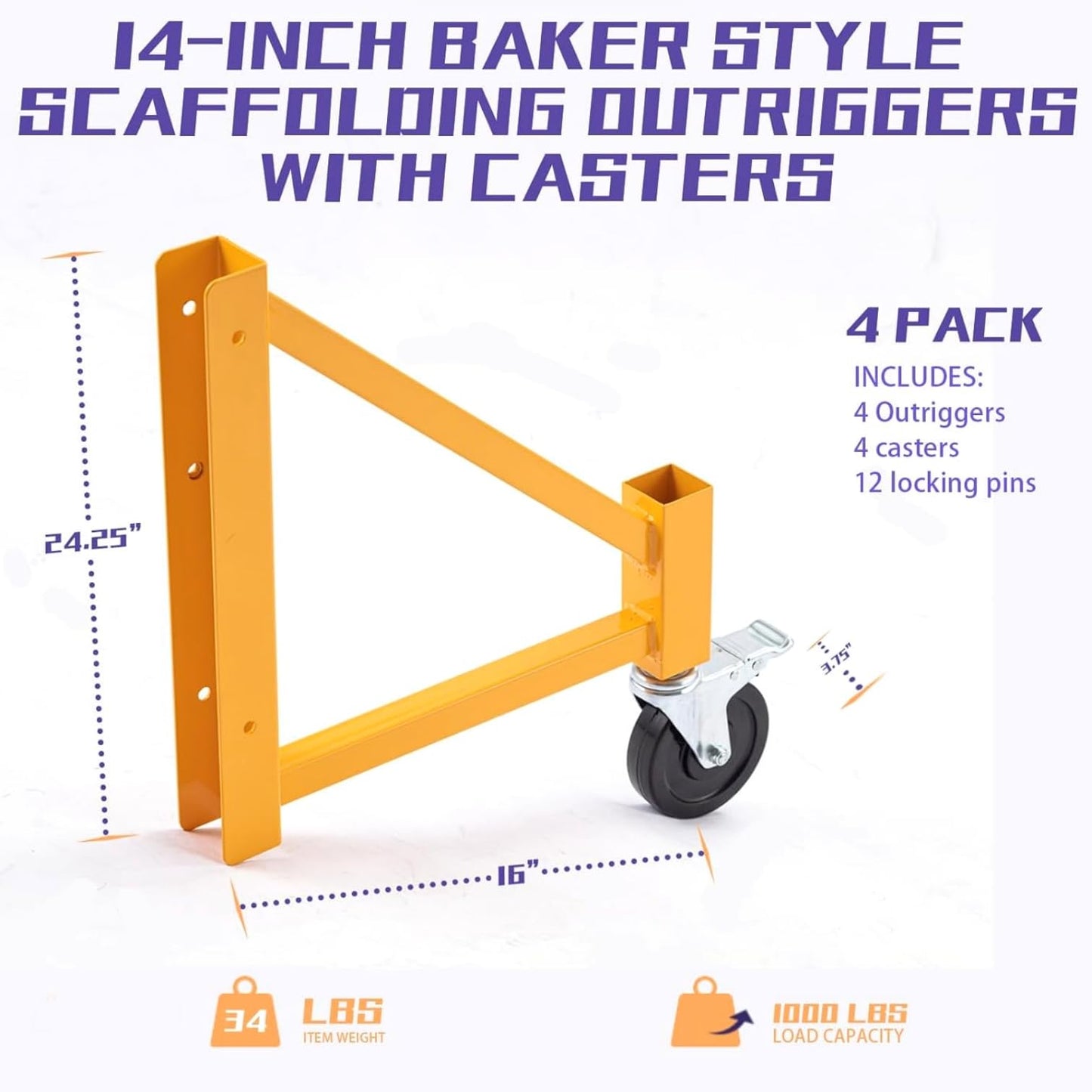 ZHAIUPON 4 Packs Scaffolding Safety Accessory Outriggers w/Casters,14“ Steel 6ft Baker Style,1000Lbs Load Capacity