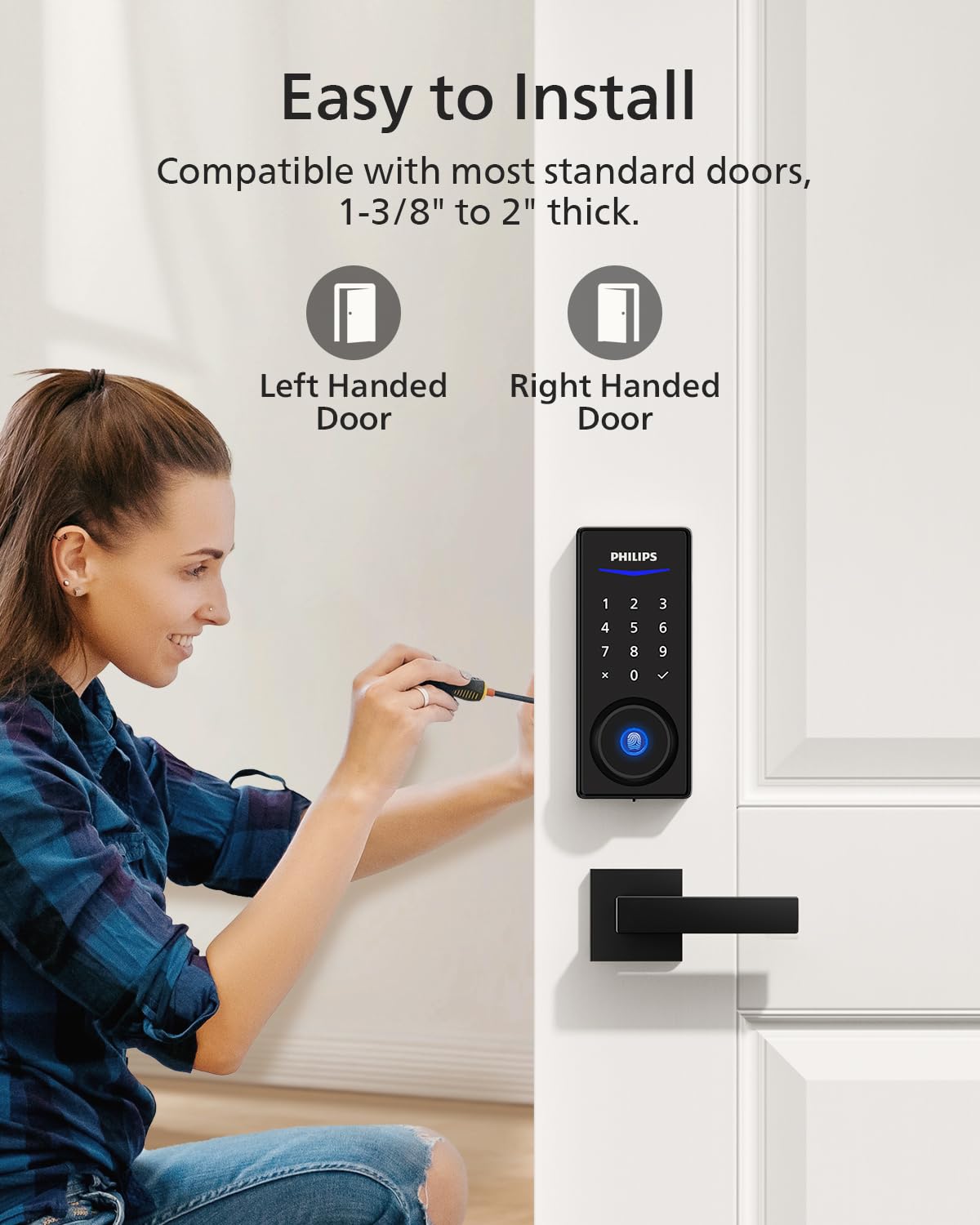 Philips Front Door Lock Set, Electronic Fingerprint Lock with 2 Lever Handles, Keyless Entry Door Lock with Handles, Auto Locking, Fingerprint Unlock, Touchscreen Keypad with Key