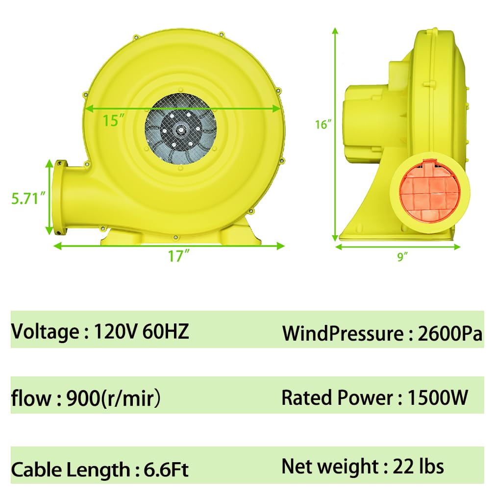 Yimukaka 1500W (2HP) Air Blower, Commercial Inflatable Bouncer Blower, Perfect for Inflatable Bounce House, Jumper, Bouncy Castle…