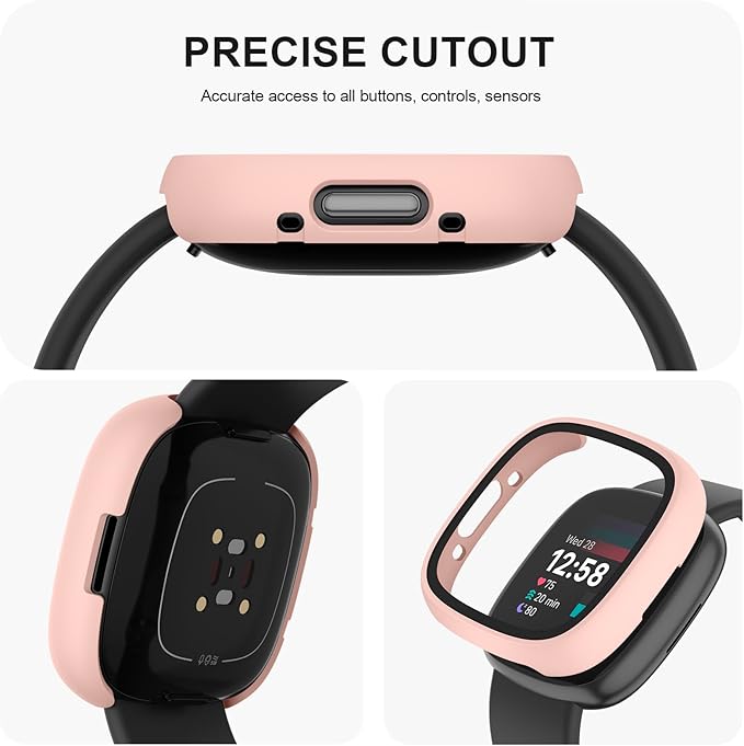 Vancle Case for Fitbit Versa 4 / Fitbit Sense 2, 4-Pack Screen Protector Tempered Glass Full Around Hard PC Case with Sensitive Touch Film Protective for Fitbit Sense 2 / Versa 4(Transparent + Starlight + Pink + Rose Gold)
