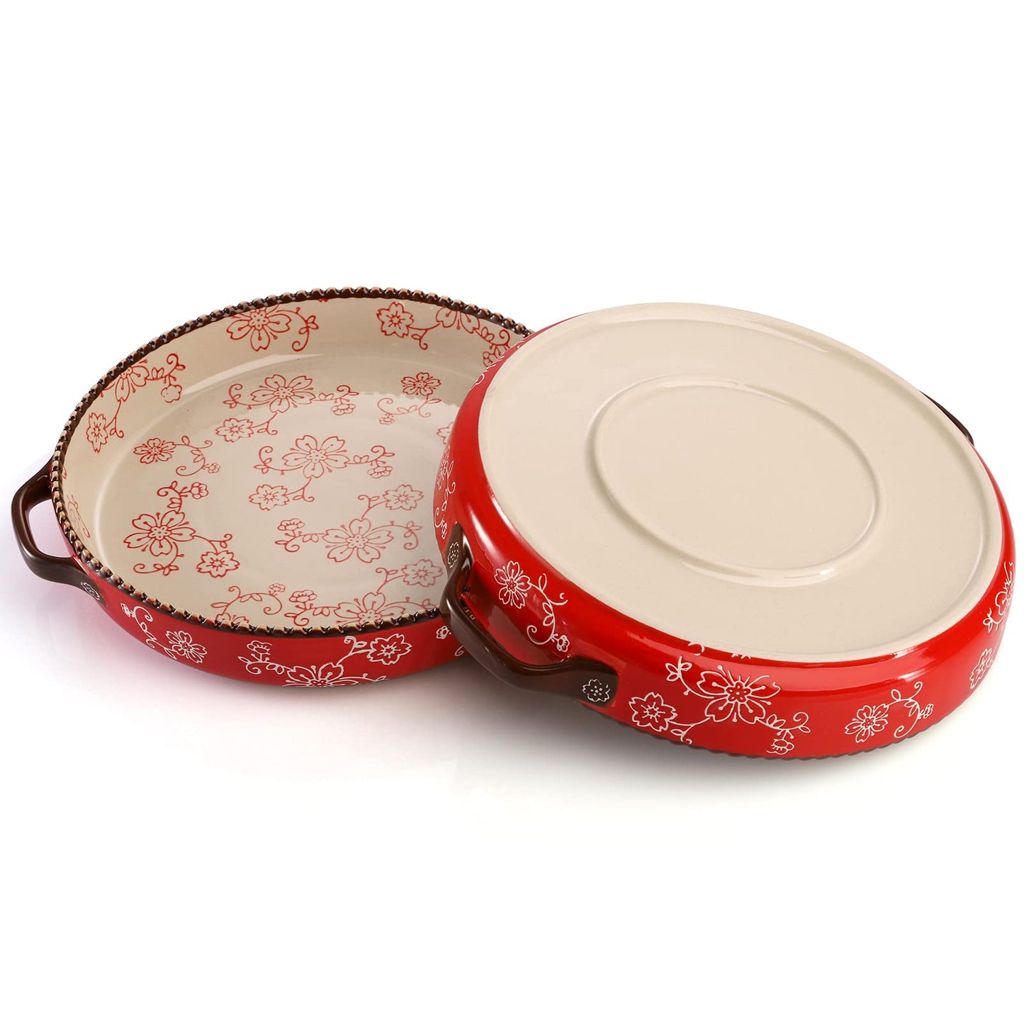 AVLA 2 Pack Ceramic Pie Pan, 9 Inch Round Baking Dish with Double Handle, 28 Ounce Deep Quiche Plate for Kitchen, Cooking, Roasting Lasagna (Sakura, Red)