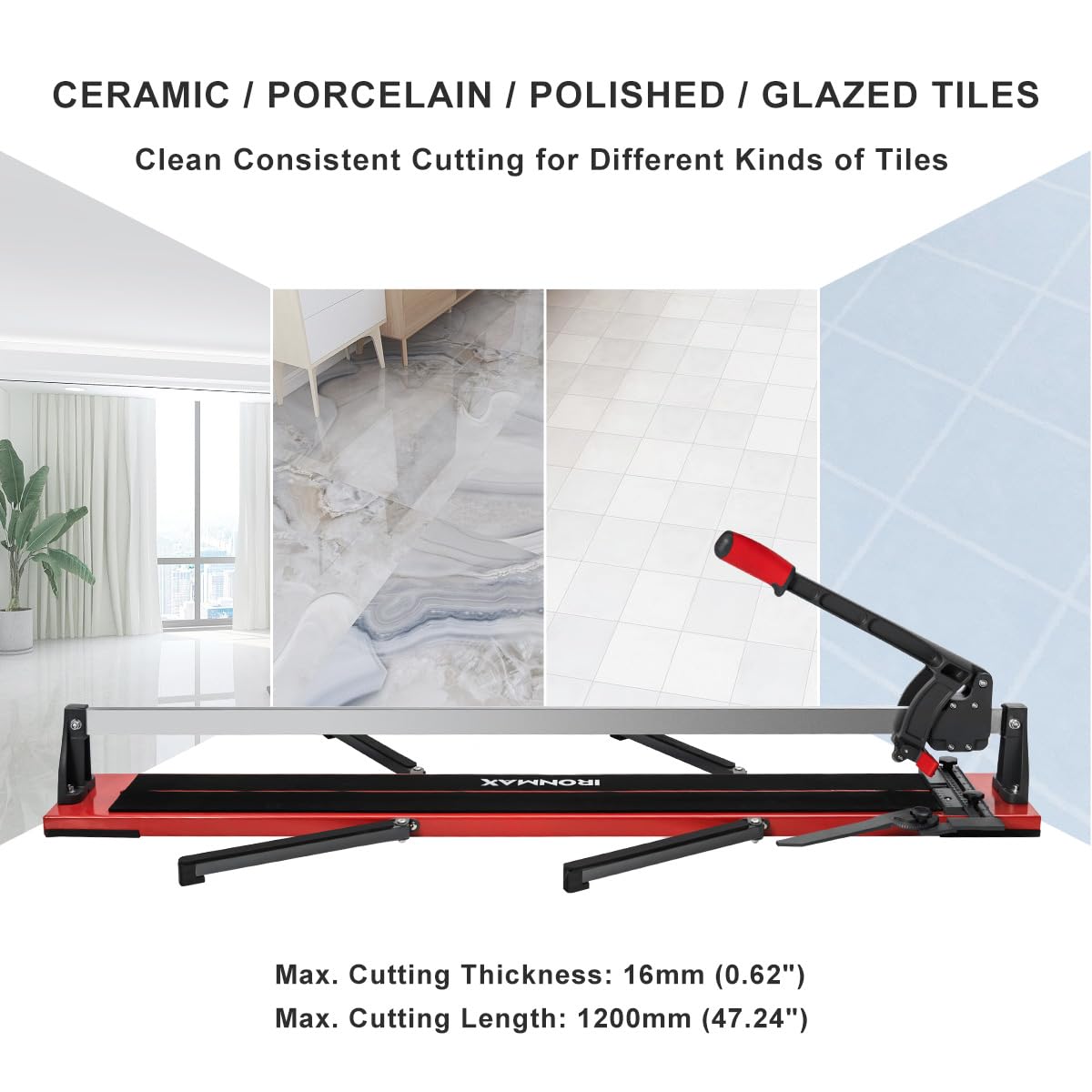 IRONMAX 48 inch Manual Tile Cutter, Professional Ceramic Tile Cutter Tools with Ergonomic Handle, Removable Scale, Adjustable Brackets, Porcelain Cutting Machine with Tungsten Carbide Cutting Wheel