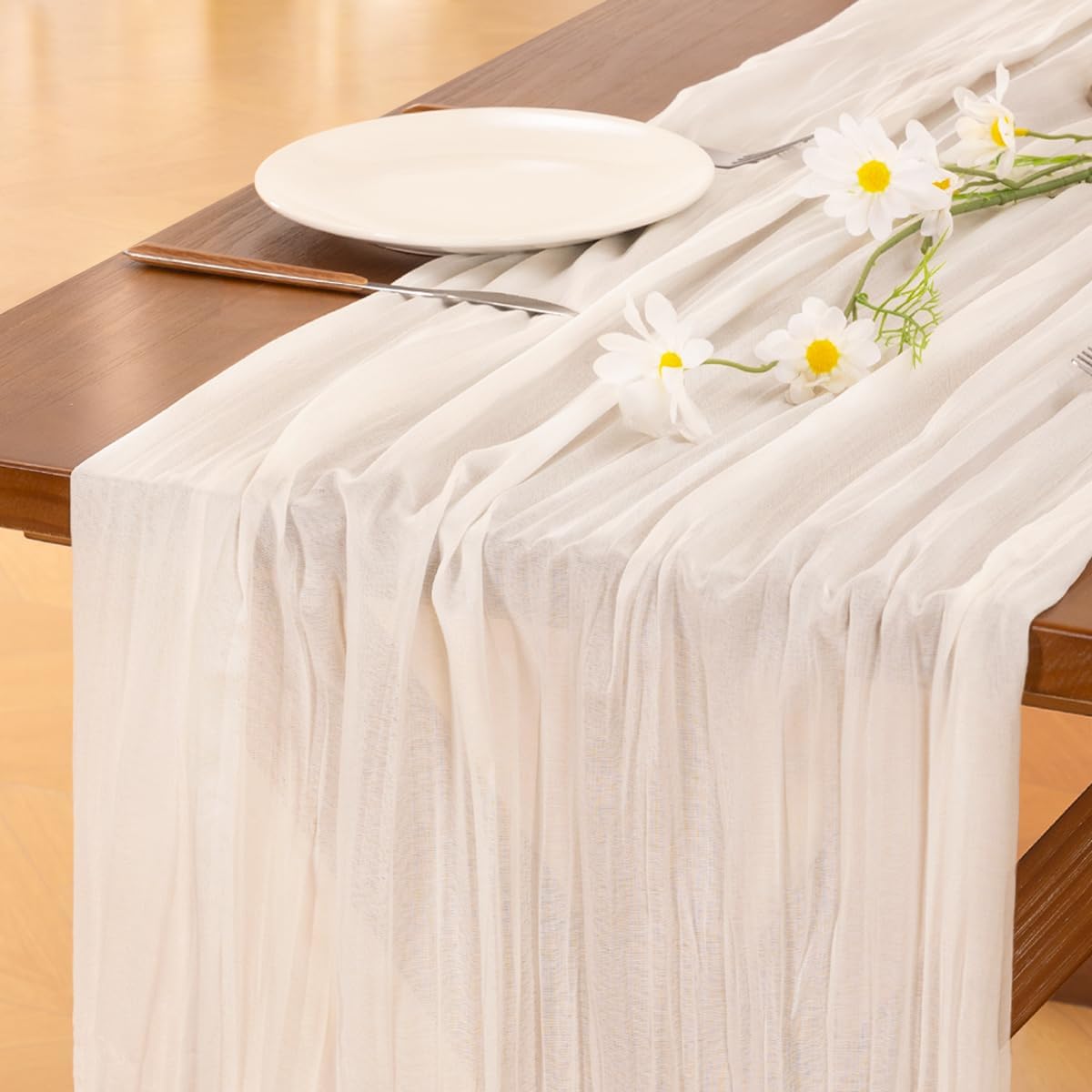 Socomi Ivory White Cheesecloth Table Runner - 120 Inch Boho Rustic Decor for Weddings & Events