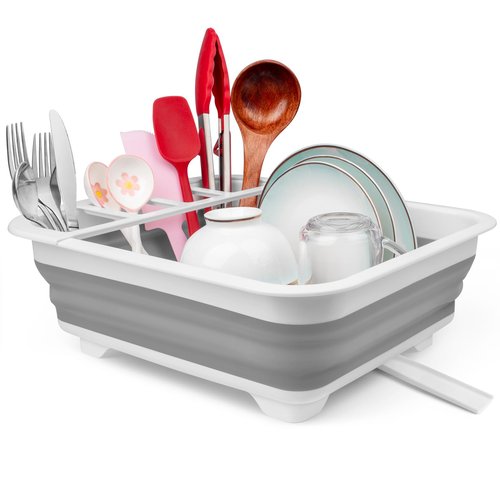 Collapsible Dish Drying Rack with Drain Plug Tube, Portable Dish Drainers for Kitchen Counter, Folding Dish Rack Over Sink Drying Dinnerware,Kitchen Sink Organizer Travel Trailer RV Camping Essentials