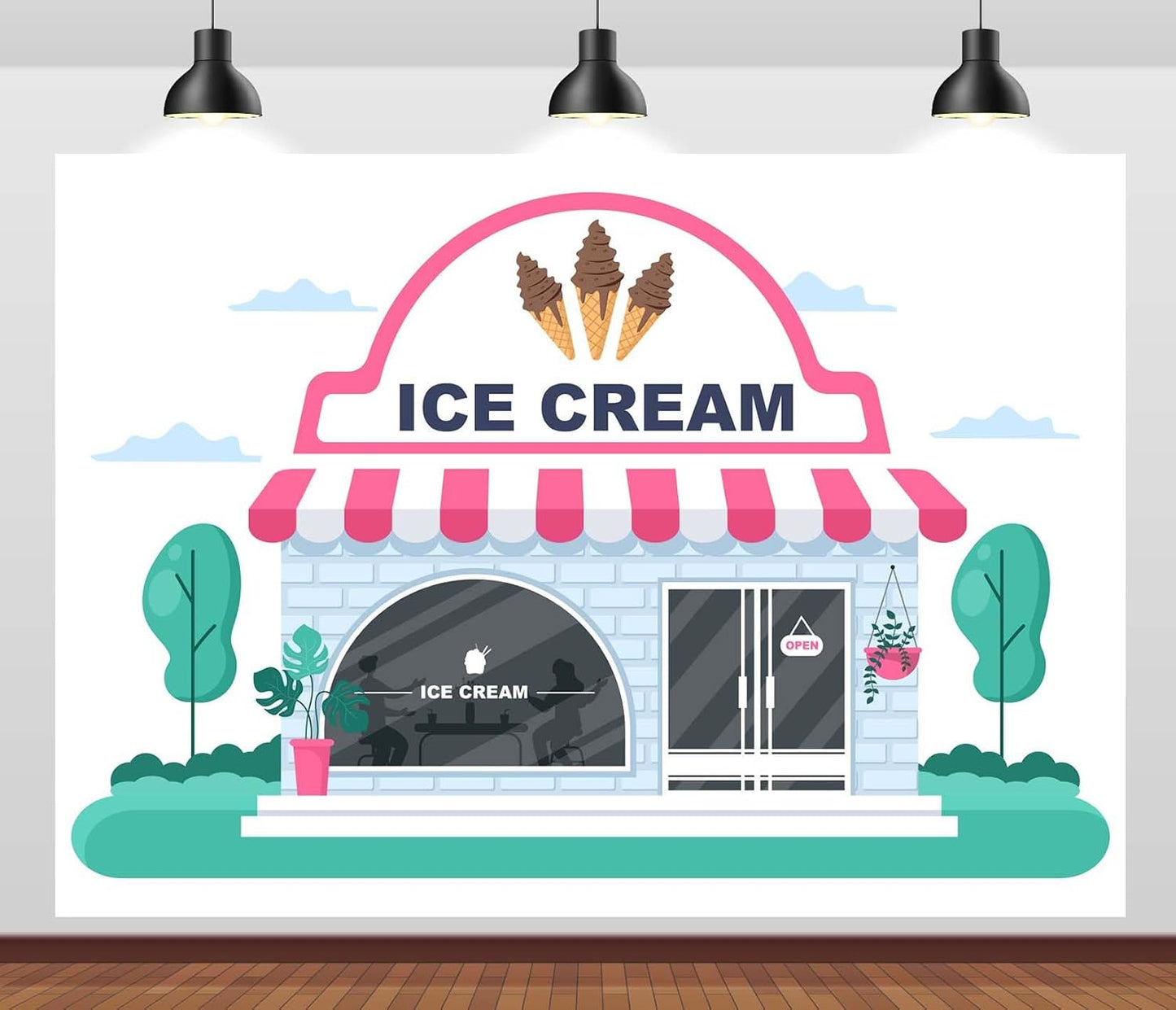 CORFOTO 10x8ft Summer Fabric Ice Cream Shop Backdrop Pink White Striped Awning Brick Building Scene Photography
