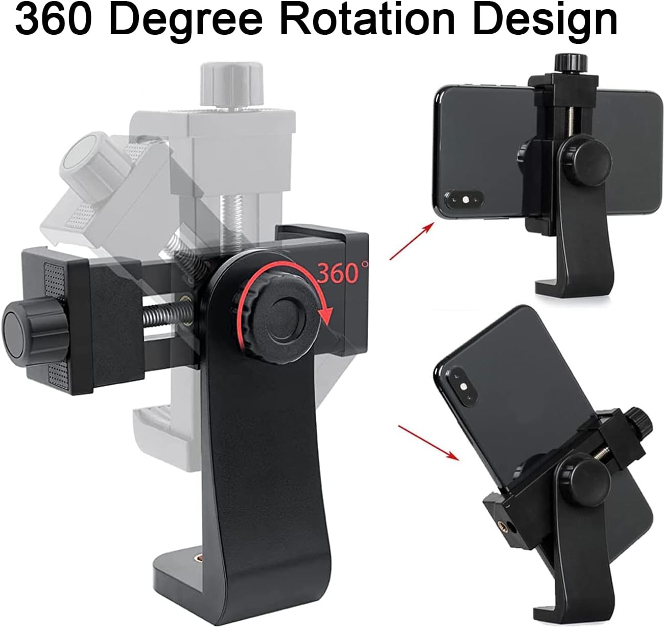 EszkozTA 360 1/4" (Black-1 Pack) Cell Phone Tripod Mount Adapter, Universal Phone Holder Adjustable Clamp, Degree