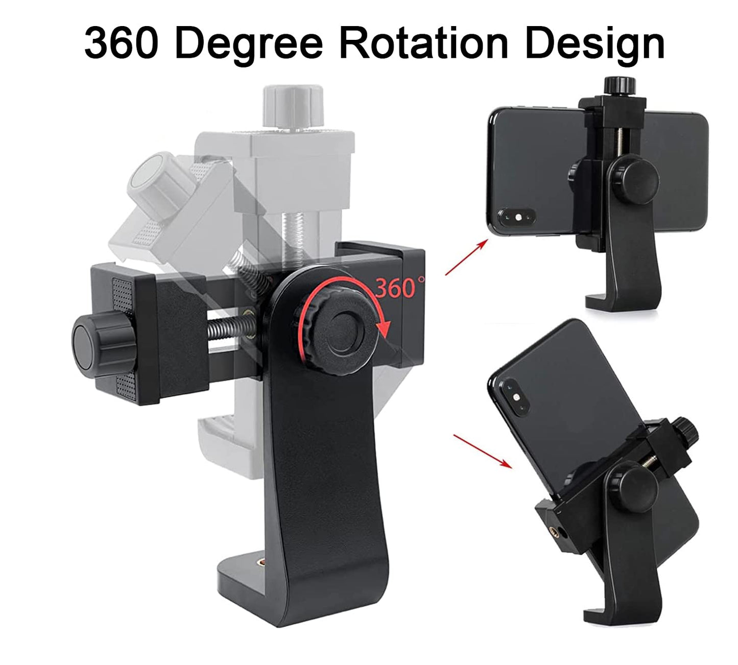 EszkozTA Cell Phone Tripod Mount Adapter, Universal Phone Holder Adjustable Clamp, 360 Degree Rotatable Bracket 1/4" Screw Clip for iPhone, Samsumg, Selfie Stick, Monopod (Black-1 Pack)