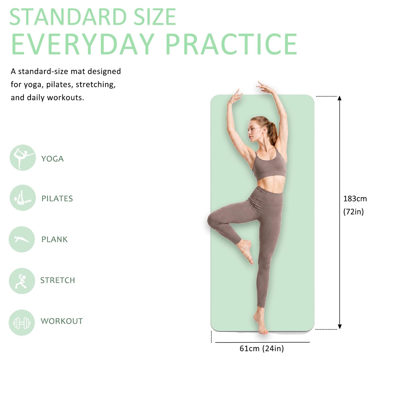 CAVIRA 1/3inch Thick (8mm) TPE Yoga Mat for Beginners, Non-Slip Cushioned Yoga Mat with Carrying Strap for Pilates, Stretching and Home Workout, 72 x 24 Inch, Green Grey