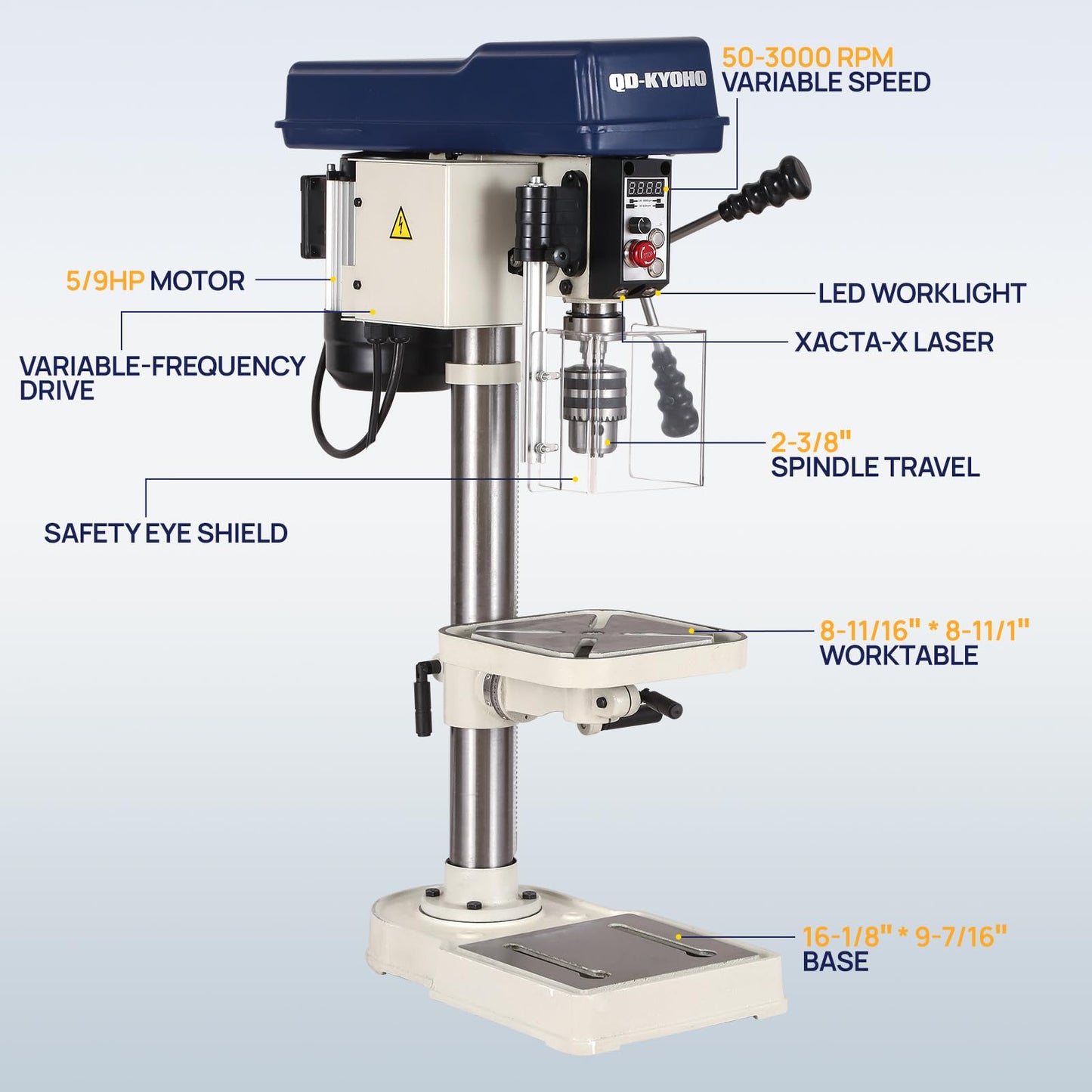 QD-KYOHO 10-Inch Benchtop Drill Press- Variable Speed 50-3000 RPM,Bench Drill Press Cast Iron Table & Base, 6.2-Amp Drill Presses With Laser And LED Work Light ，0.4 kW Variable Frequency Drive (white)