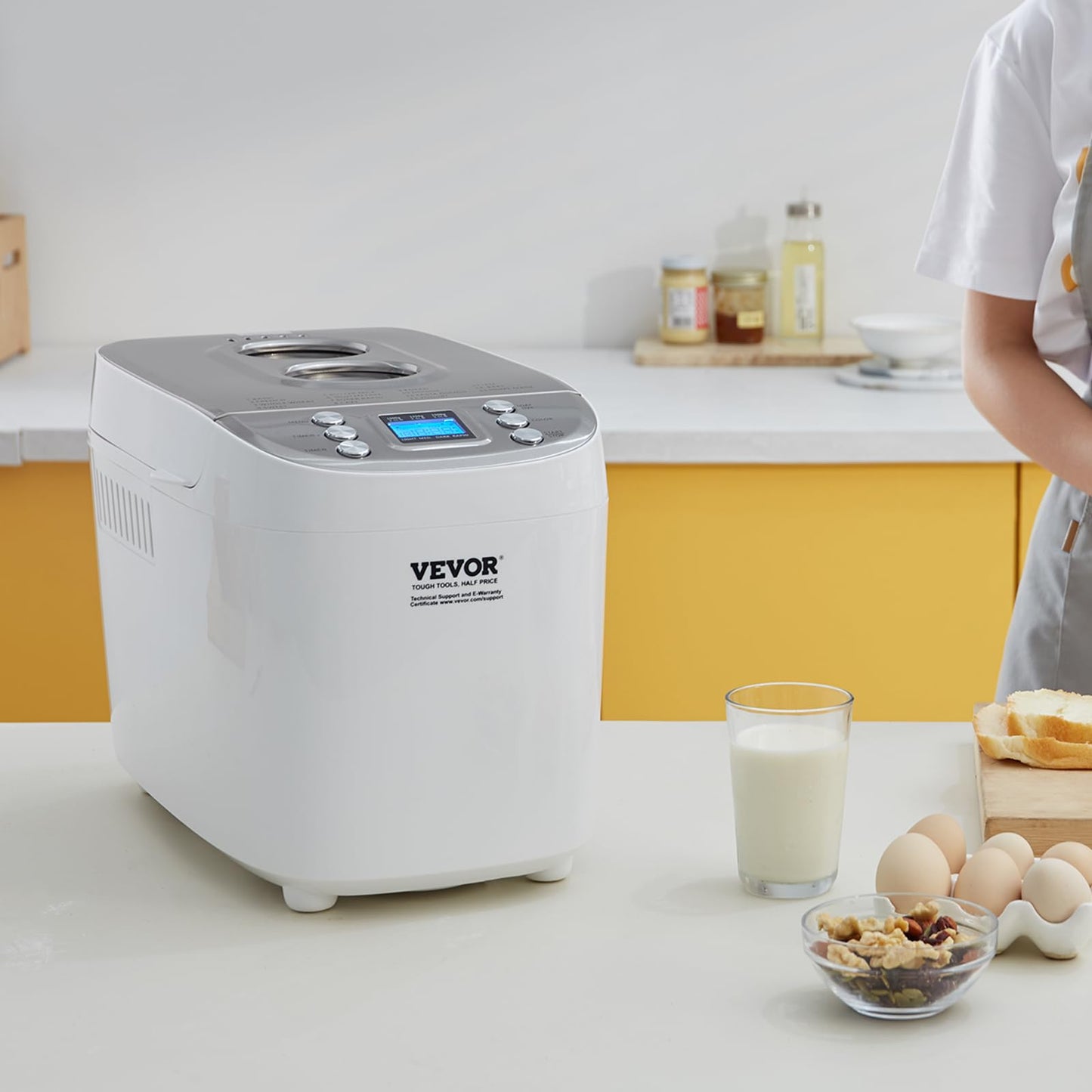 VEVOR Bread Maker, Dough Machine 15 Menus in 1, Non-Stick Ceramic Pan Automatic Breadmaker with Non-Gluten Setting, Whole Wheat Bread Making, Digital, Programmable, 3 Loaf Sizes, 3 Crust Colors, White