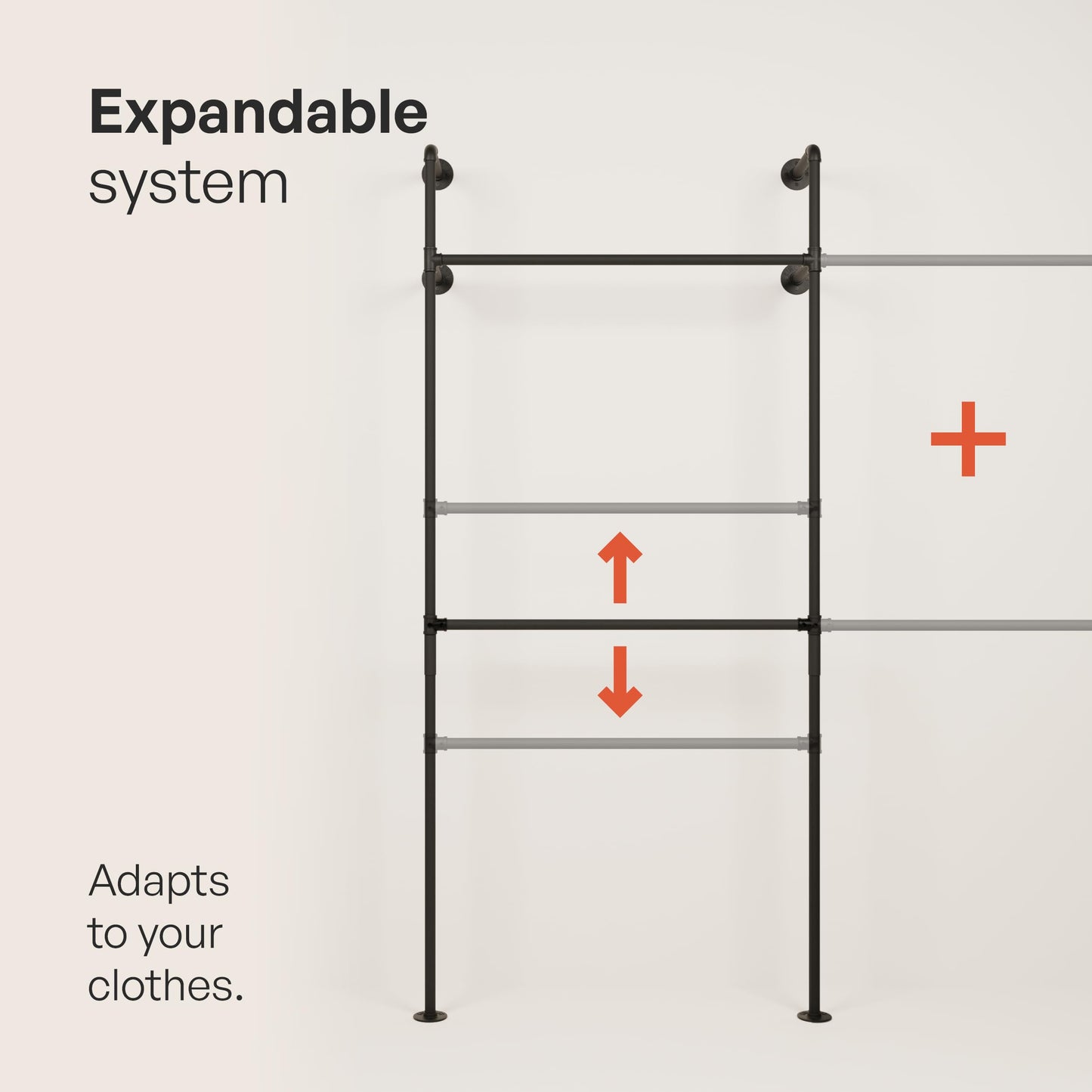 pamo Industrial Pipe Clothing Rack – Wall Mounted Black Closet System in Powder-Coated Steel – 116.54" W × 87.4" H – Easy Setup – Ideal for Walk-In Closets & Retail Use