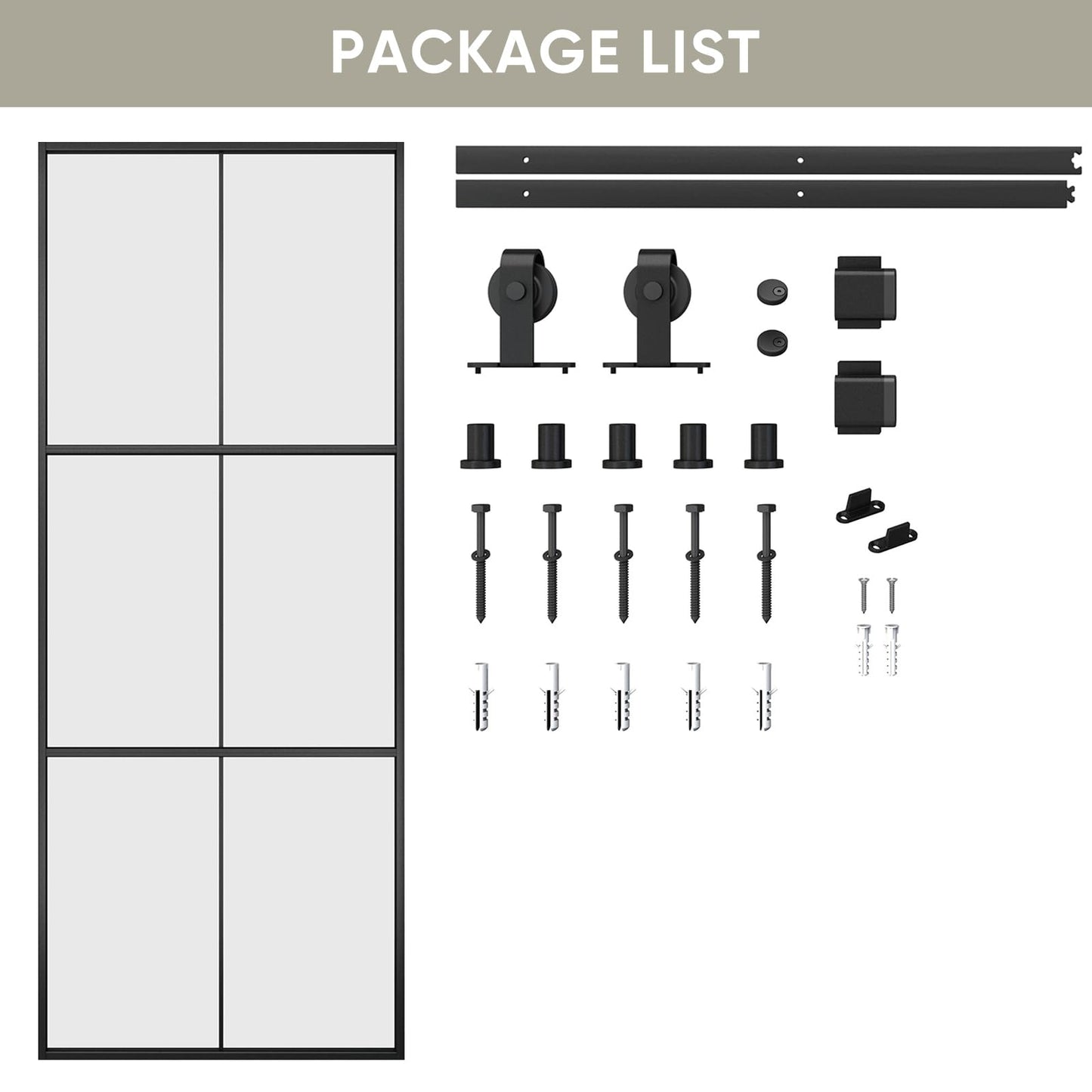 JUBEST 38in x 96in Glass Sliding Barn Door with 6.6ft Hardware kit, 3-Panel Black Aluminum Frame and Clear Tempered Glass Modern French Door, Easy to Install